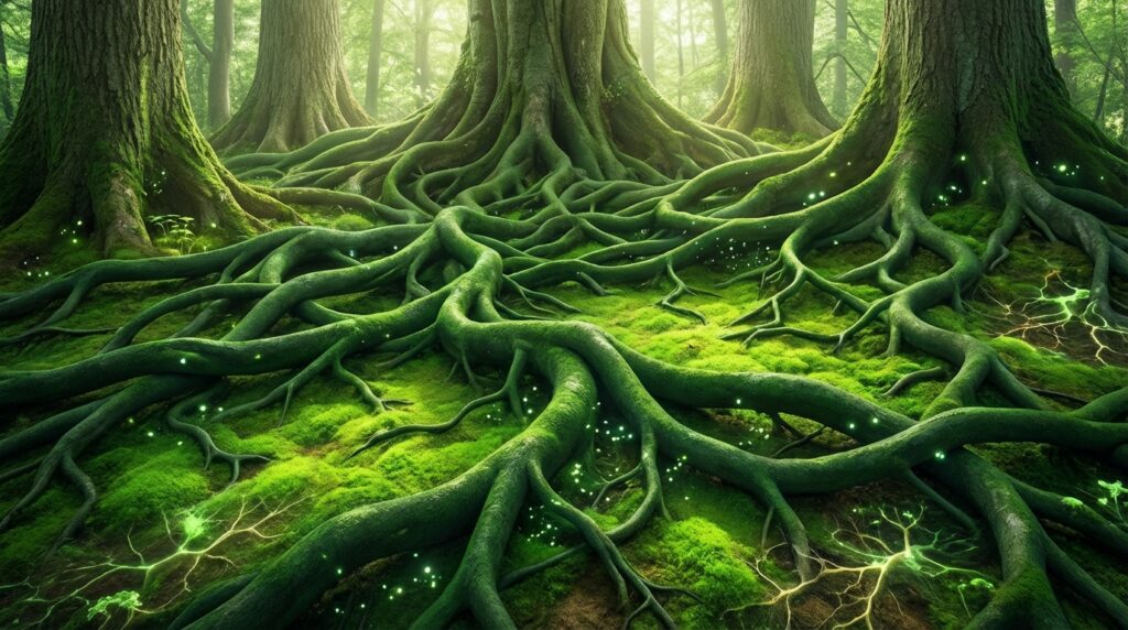 Illustration of a complex interconnected root system of trees, symbolizing community and Koinonia.