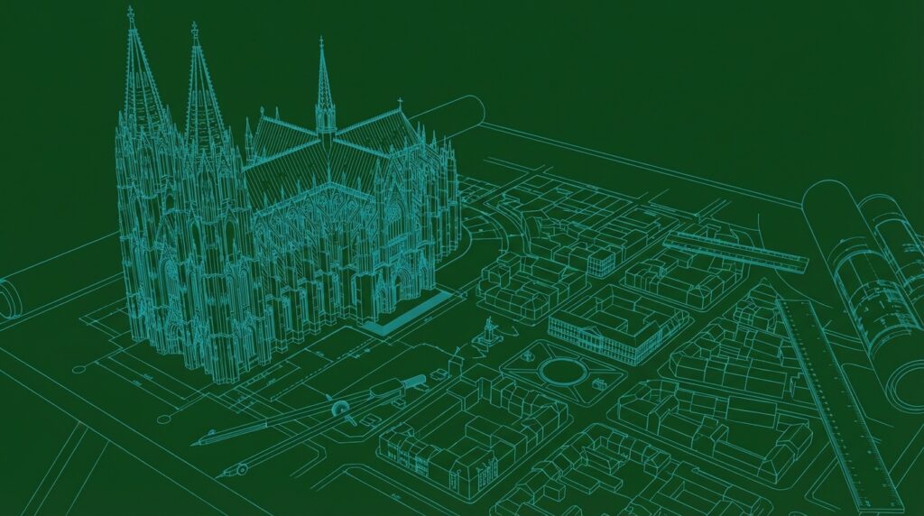 Blueprint style illustration of a cathedral on a forest green background, representing legacy building.