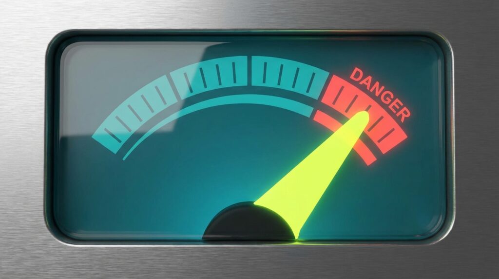 A pressure gauge visualization with the needle stuck in the 'Red Zone', illustrating the High Desire Myth.