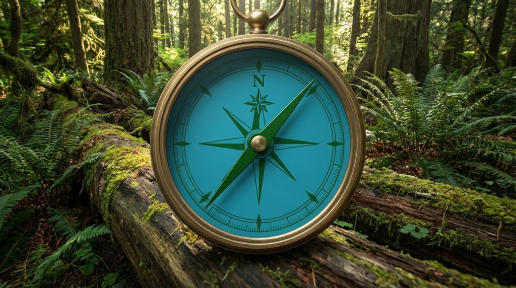 Illustration of a compass aligning to True North on a teal background, symbolizing integrity and shame resolution.
