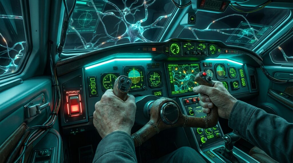 Illustration of a pilot in a teal cockpit taking manual control, symbolizing agency over the autopilot brain.