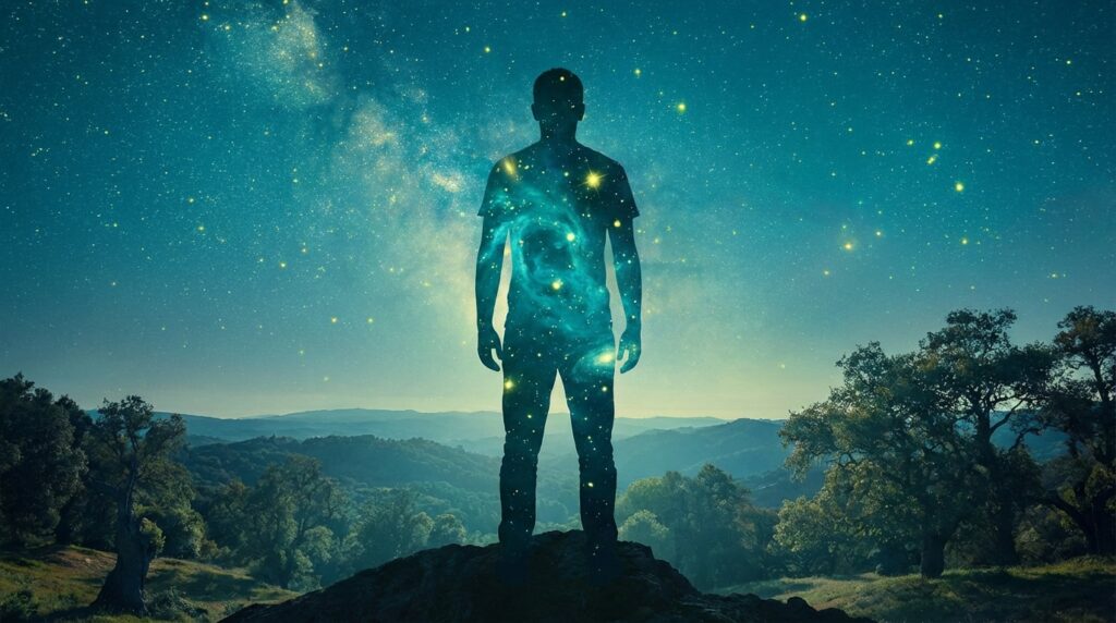 Artistic silhouette of a human figure filled with a citron-colored starry cosmos on a teal background.