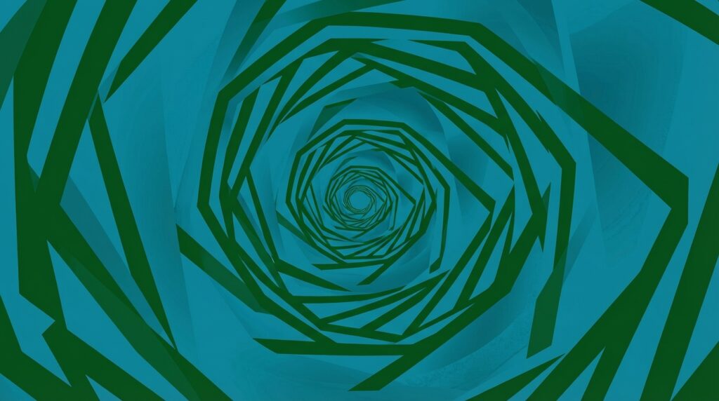 Geometric design of a forest green spiral curving inward, representing the theological concept of 'Incurvatus In Se'.