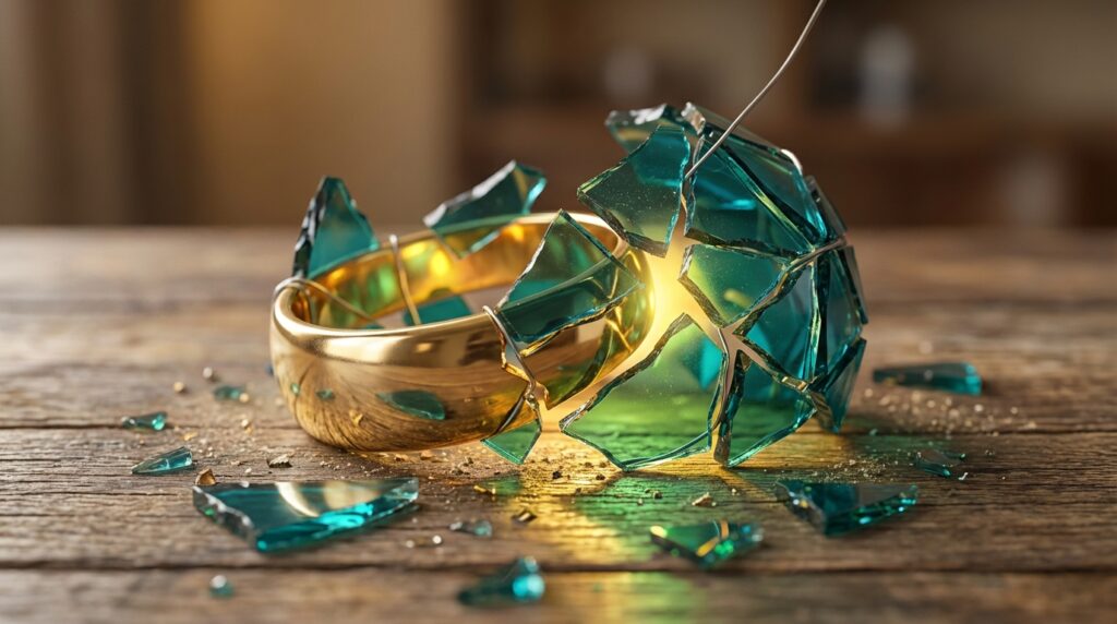 Image of a shattered wedding ring mosaic being reassembled with light, representing betrayal and restoration.