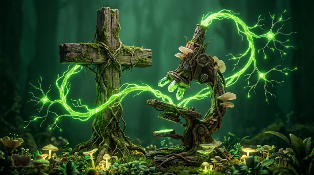 Surreal illustration of a microscope organically growing out of a wooden cross, illuminated by lime green light on a deep forest background.