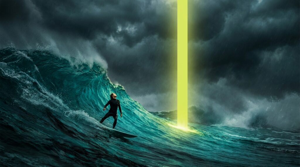Atmospheric illustration of a surfer riding a tumultuous teal wave, looking up at a vertical beam of citron light rather than down at the water.