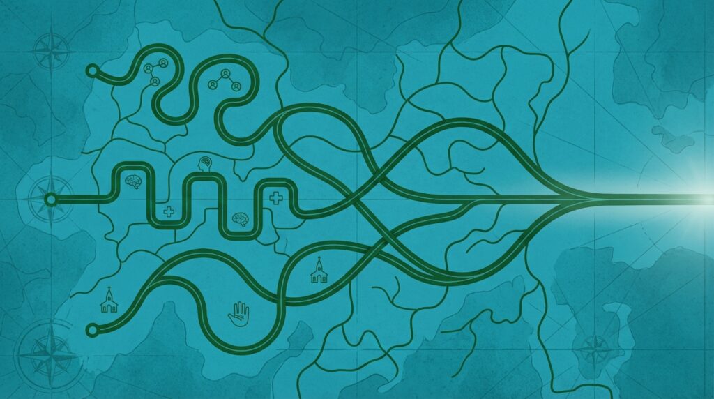 Abstract map visual showing distinct paths—Clinical, Pastoral, and 12-Step—converging into one destination.