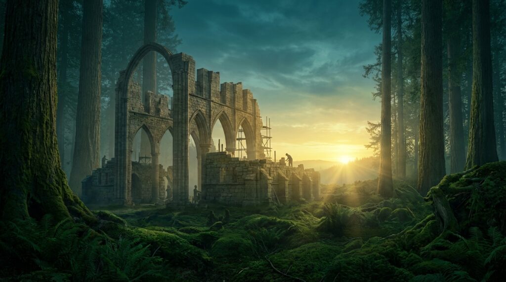 A narrative illustration showing the unfinished foundation of a massive stone cathedral at sunrise, symbolizing a long, patient recovery journey.