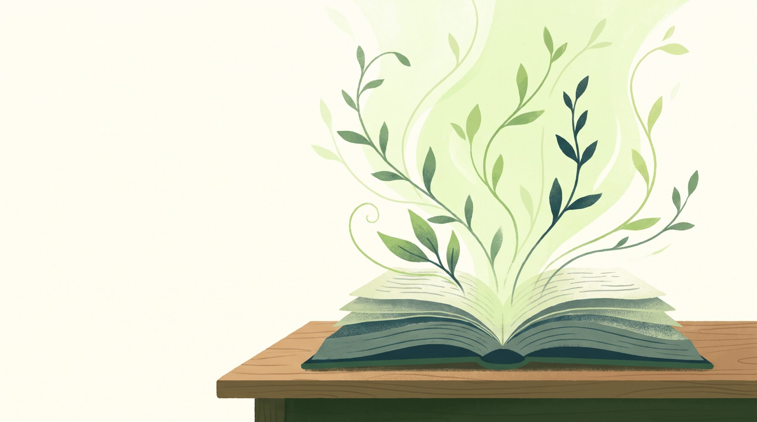 An open book with light and new leaves growing from its pages