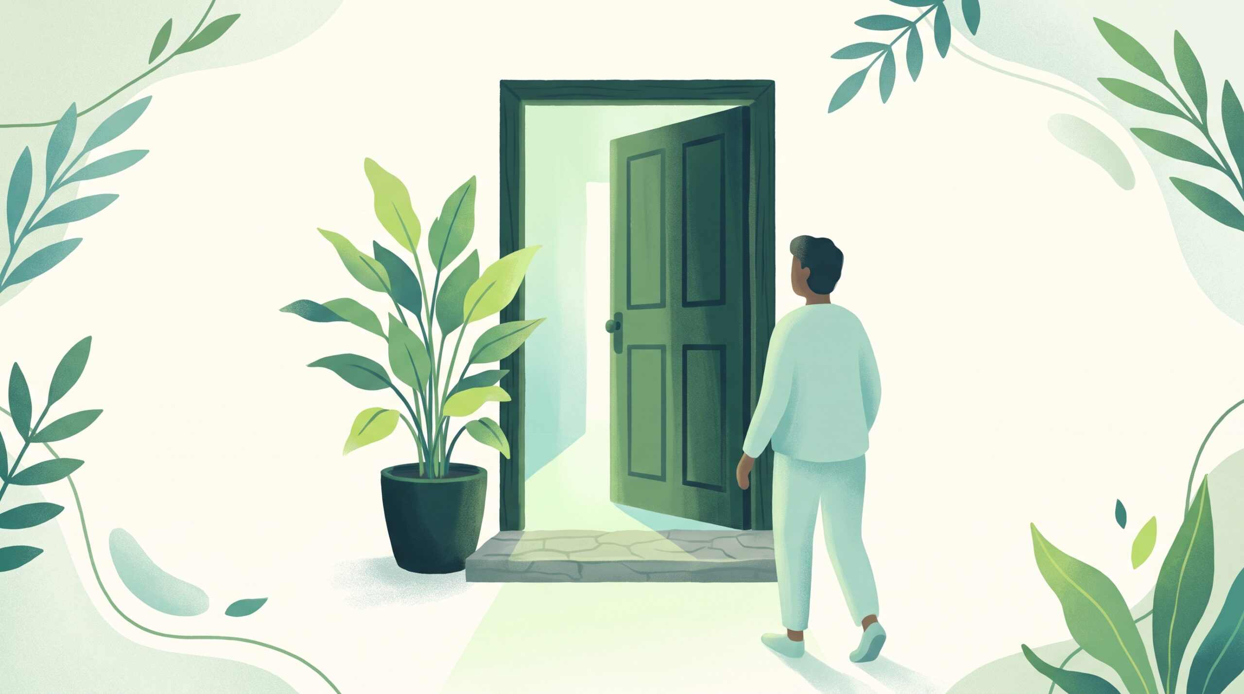 An open door with warm light spilling onto a doorstep with a welcome mat