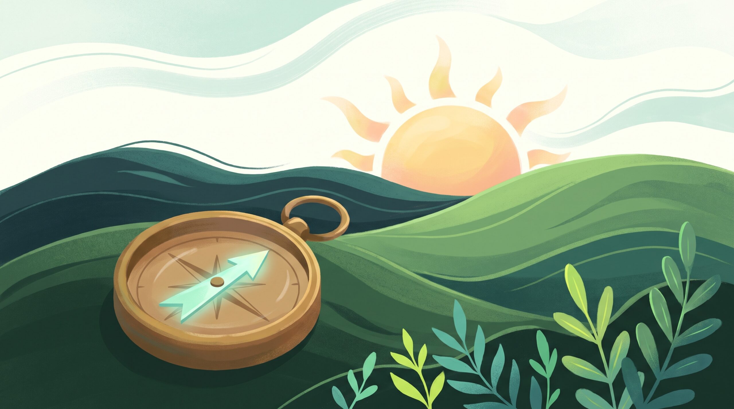 A compass pointing toward a sunrise over green hills