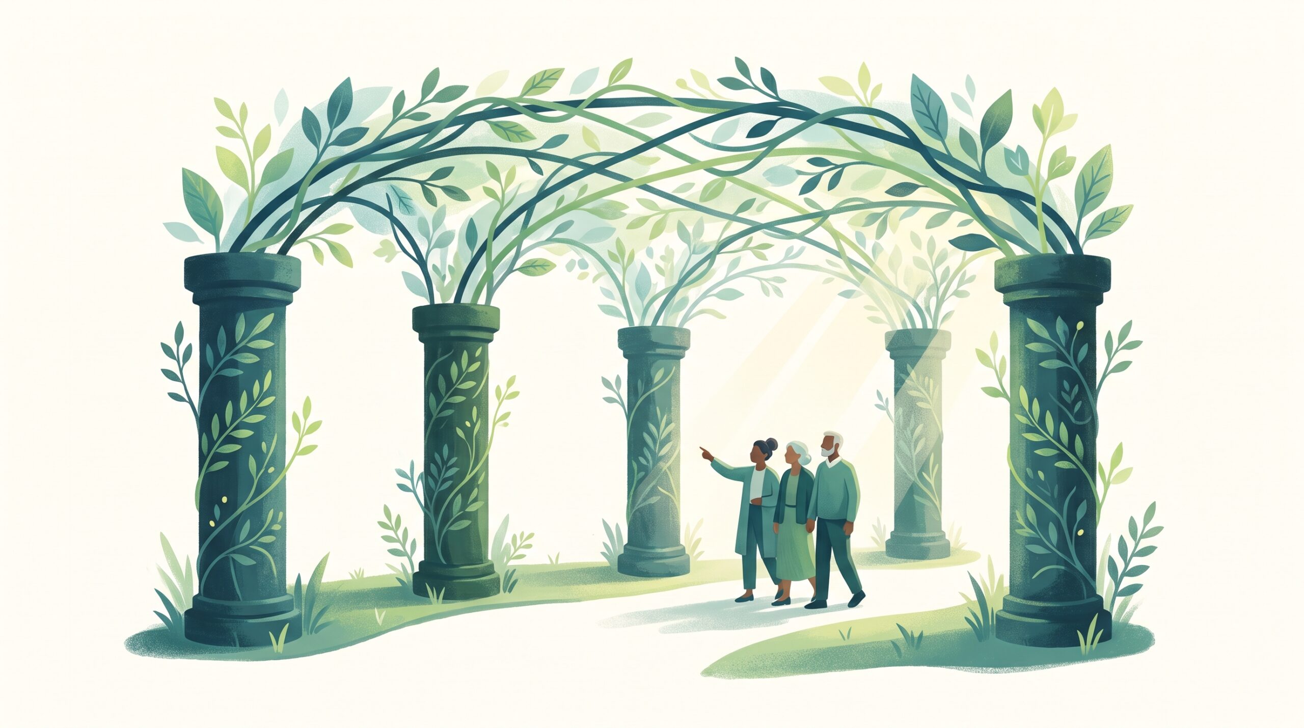 Five strong stone pillars supporting a garden canopy