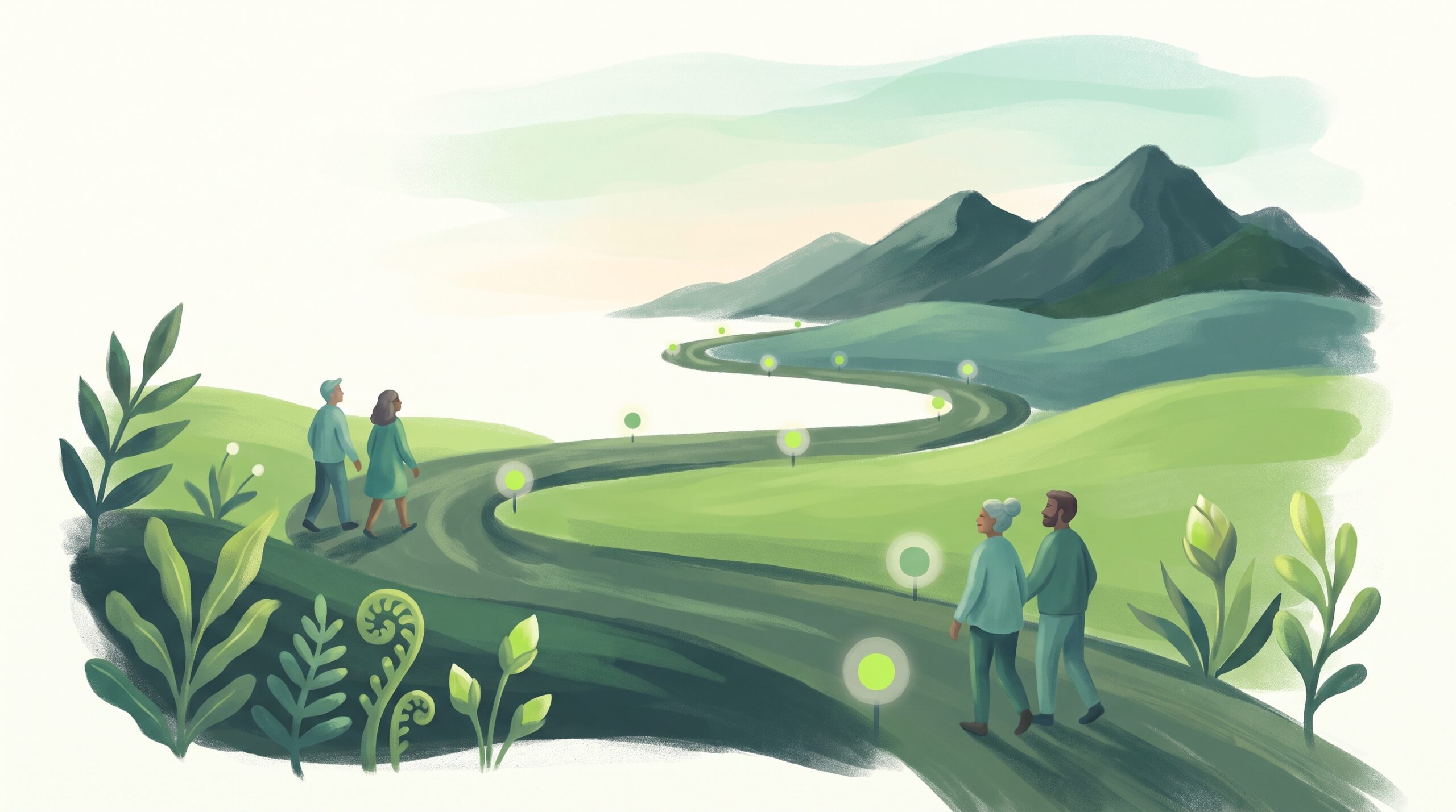 A road winding through hills toward distant mountains at dawn