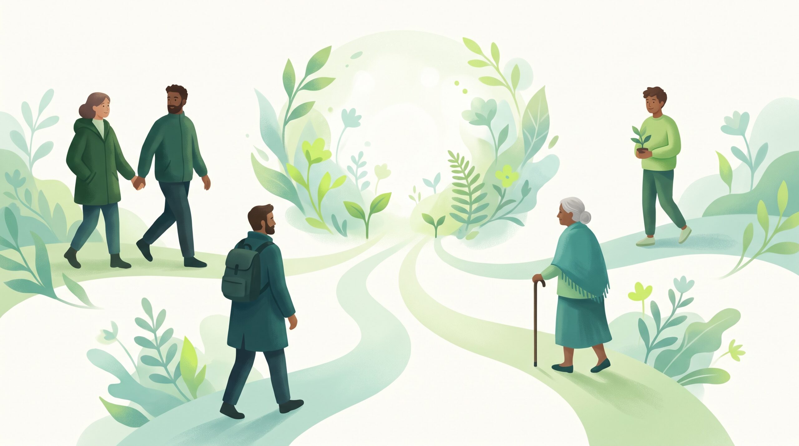 Diverse people of different ages and walks of life on converging paths