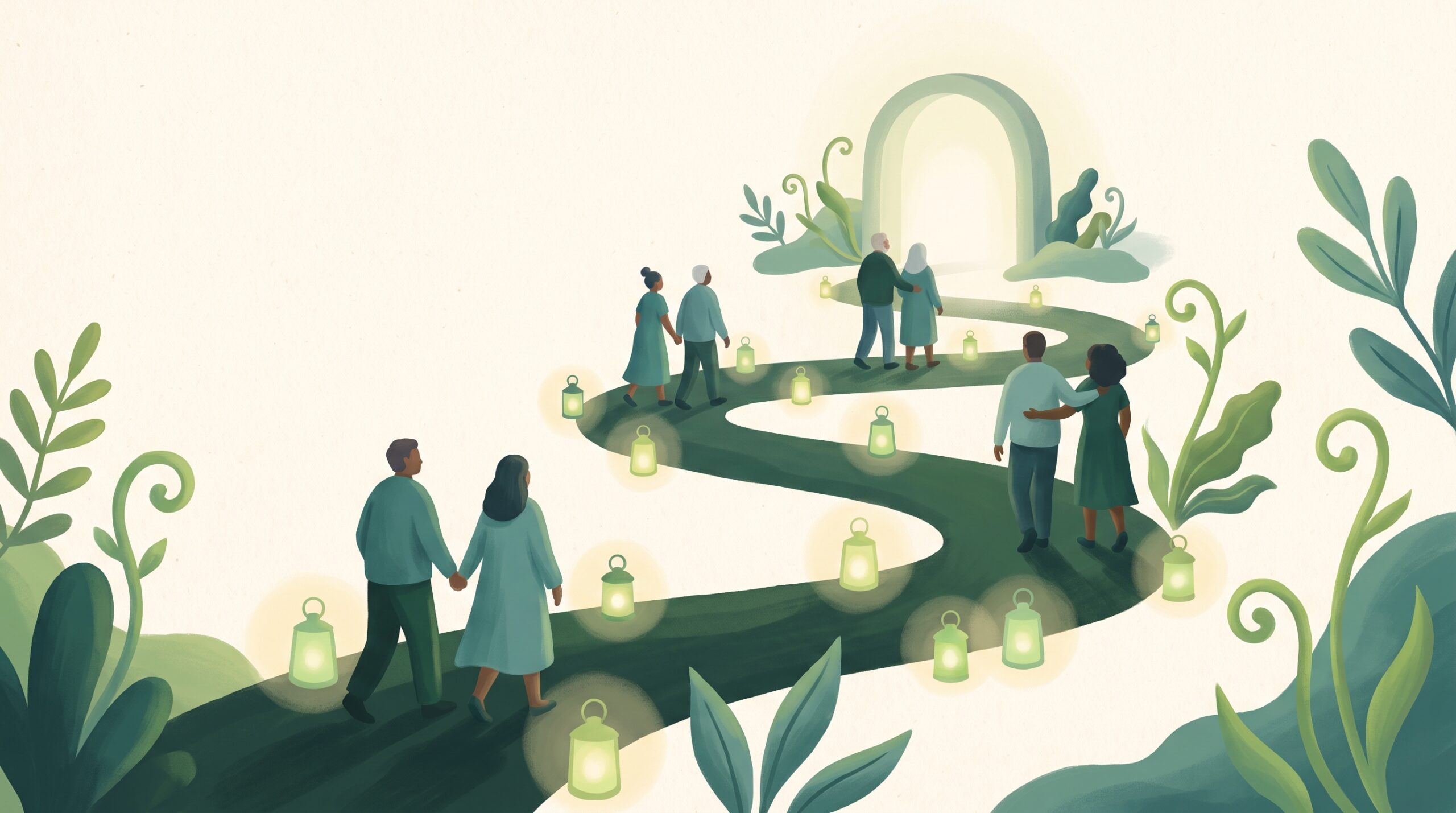 Many small lanterns lighting a dark path, none alone