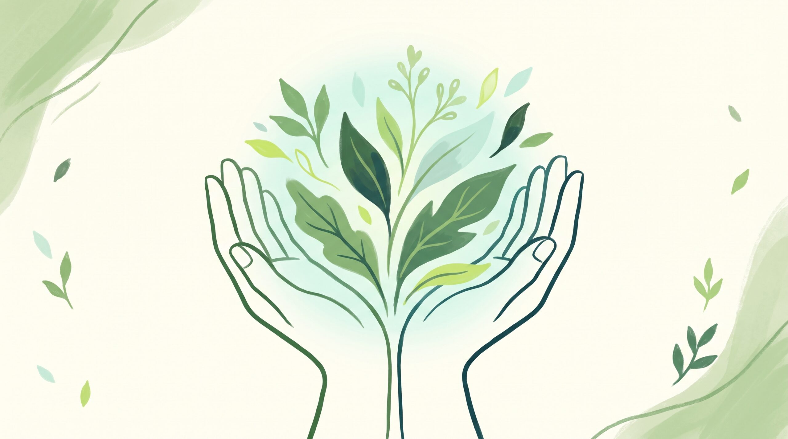 Hands open in prayer with light and leaves rising