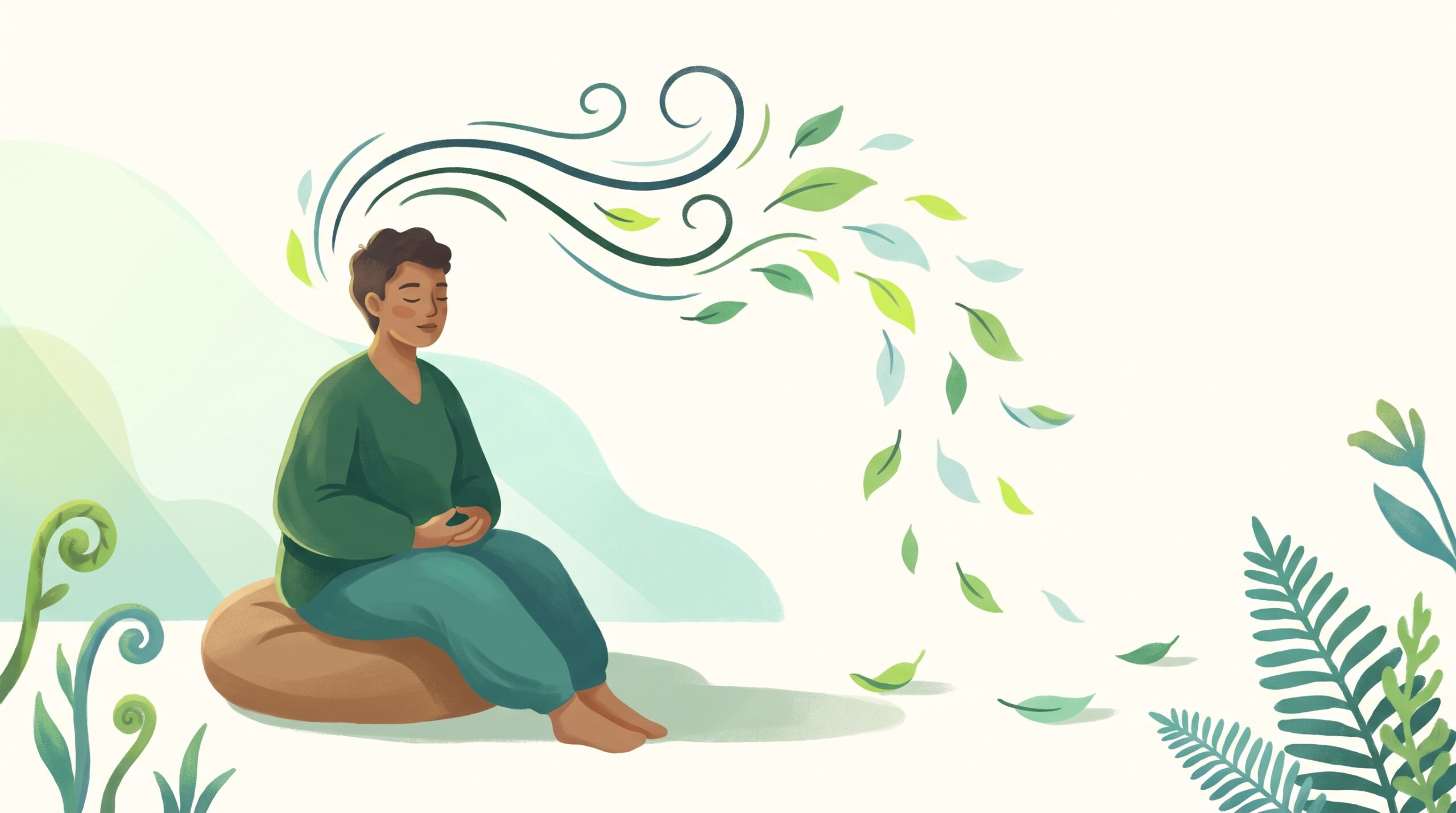 A calm person breathing deeply as swirling worries settle into leaves