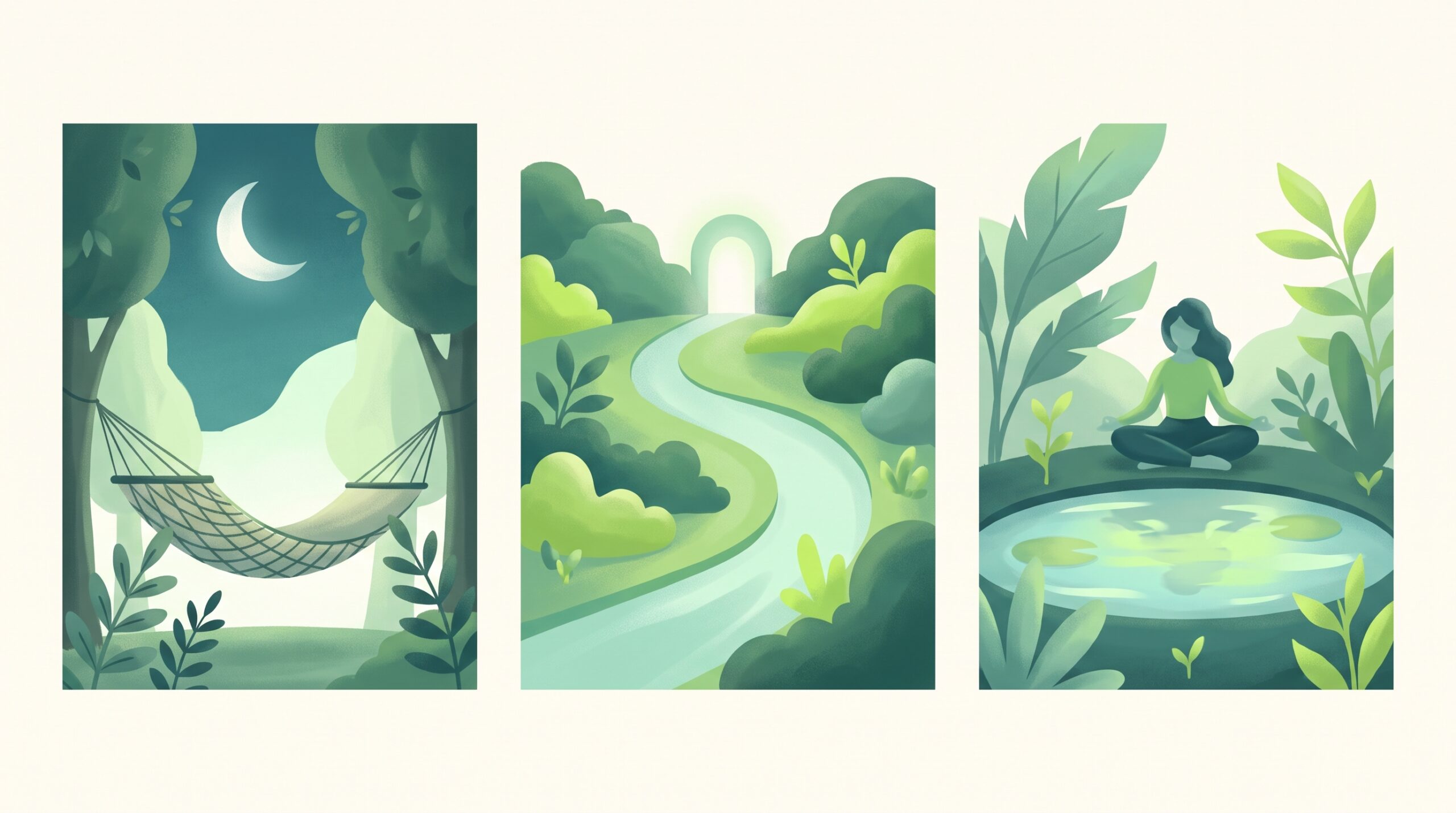 Sleep, movement, and calm as three gentle icons in a garden