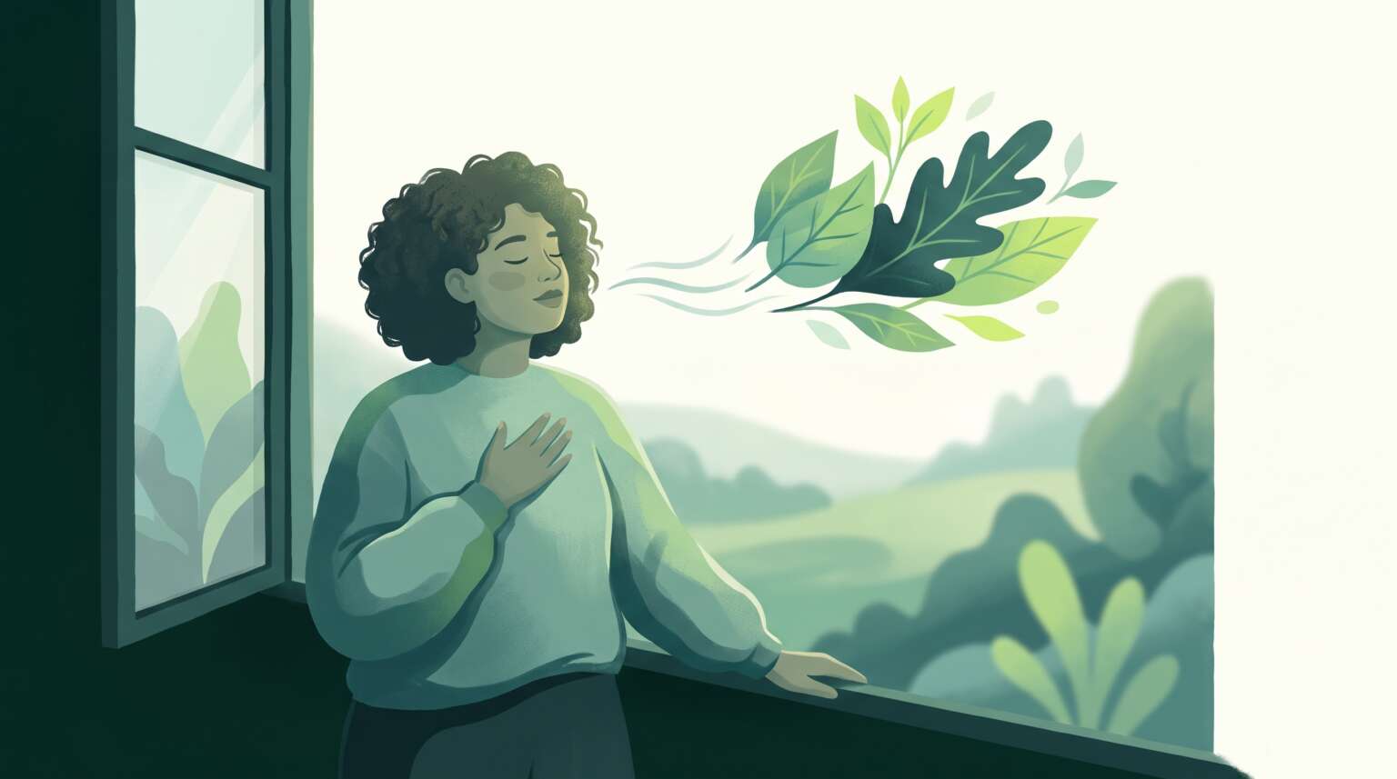 A person taking a slow deep breath by an open window at soft morning light, hand on chest,
