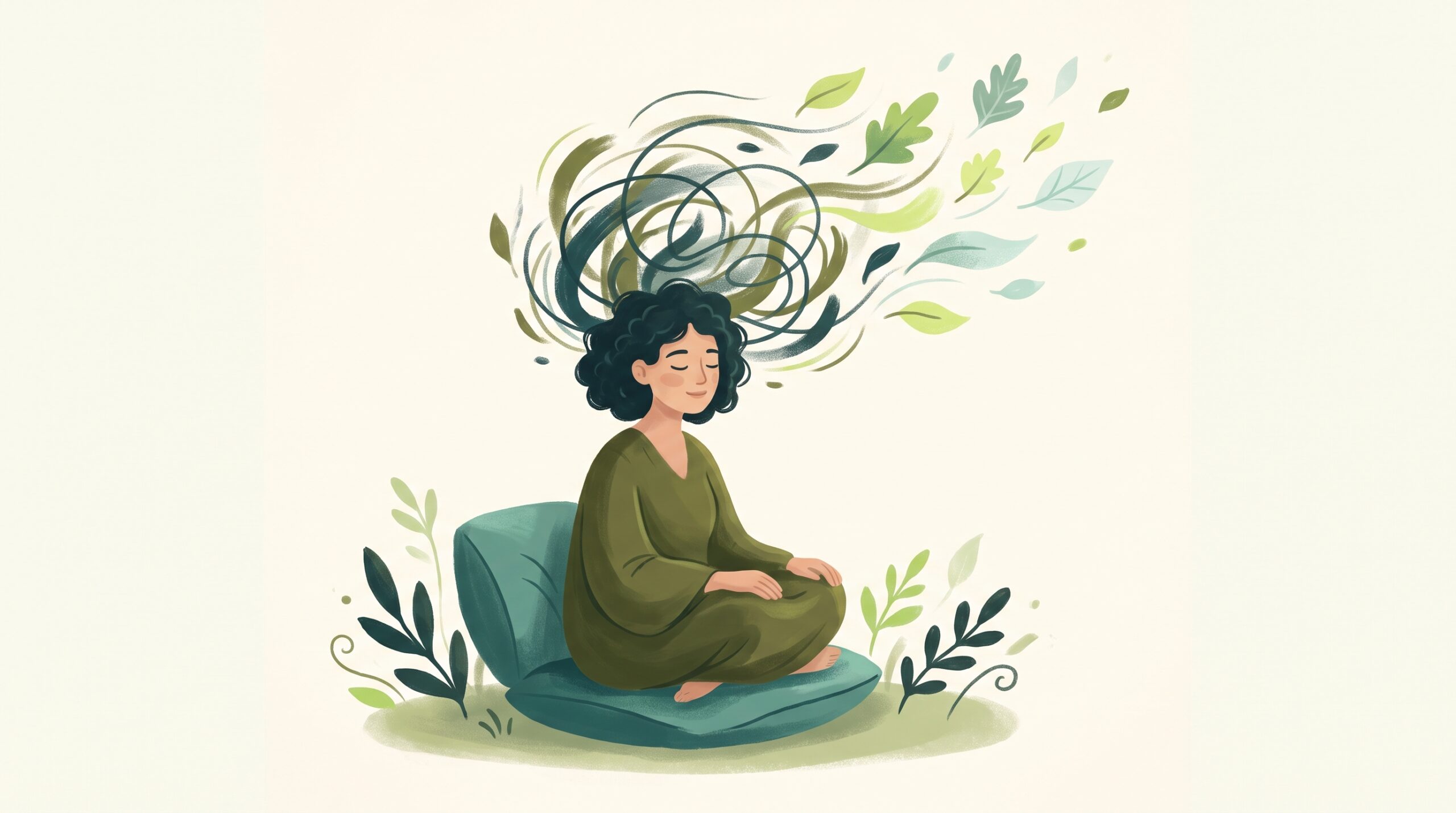 A storm of swirling thoughts calming into gentle leaves