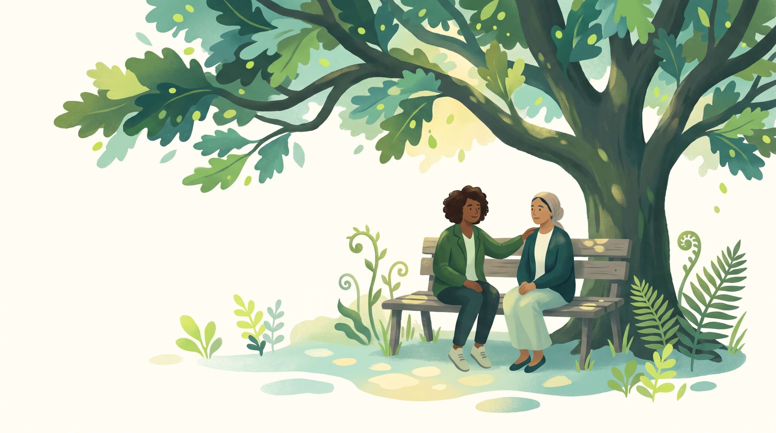 Two friends talking on a park bench under a big tree — you are not alone with anxiety