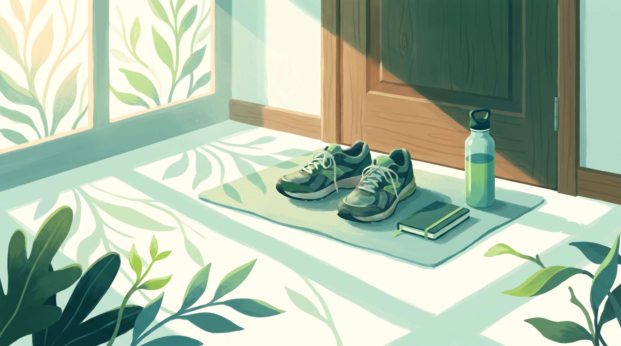 Running shoes by the door at dawn with a journal and water bottle — lifestyle habits help as part of the plan