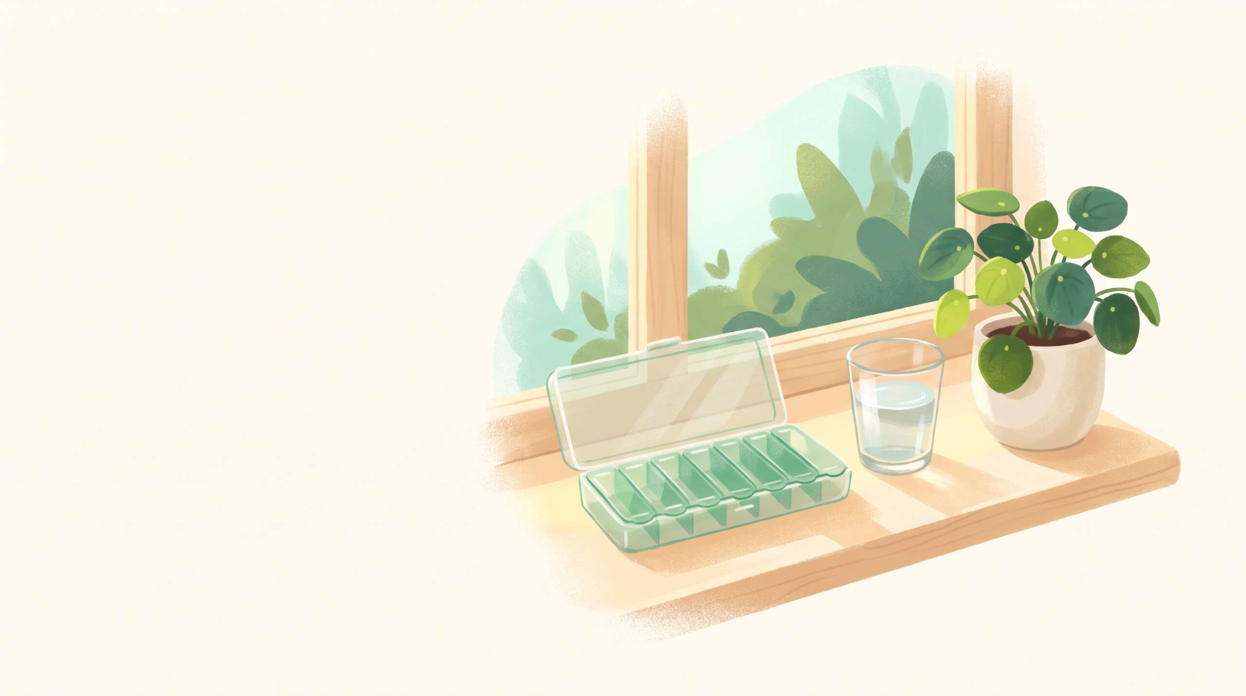 A simple pill organizer beside a glass of water on a sunny windowsill — medication coordinated as part of one plan
