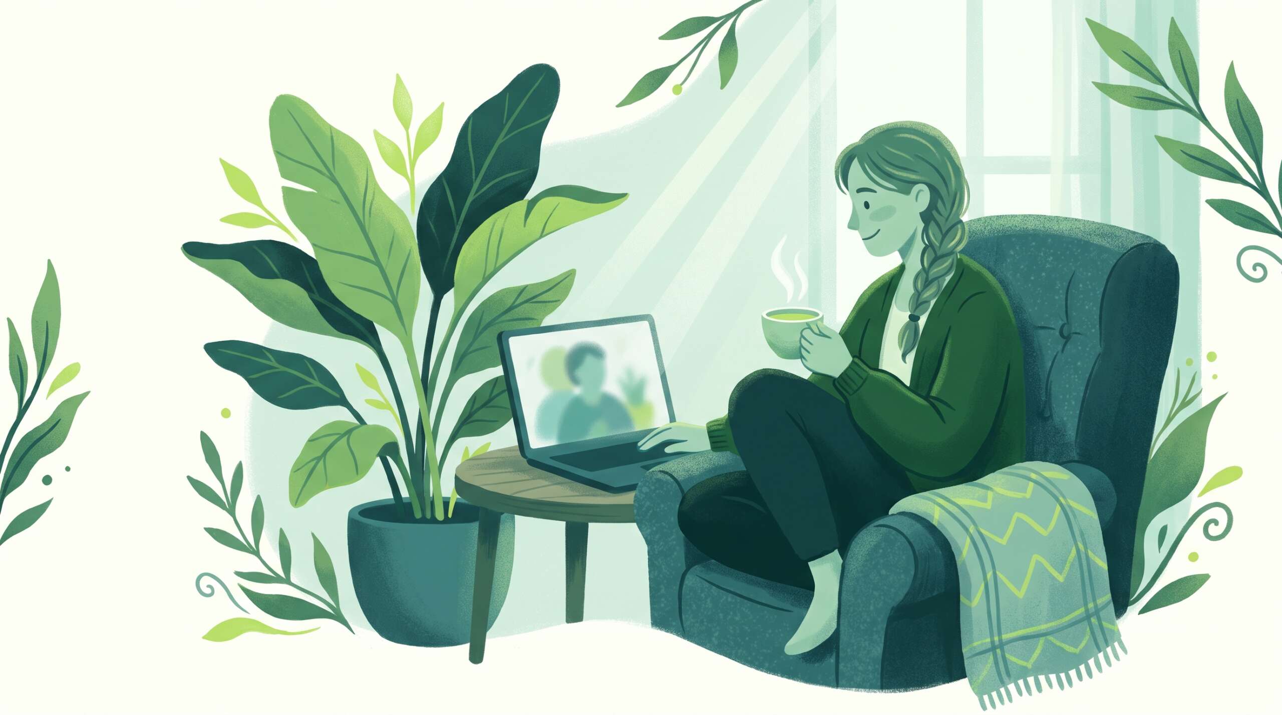 A woman at home in a cozy chair having a warm video session on a laptop — online therapy works
