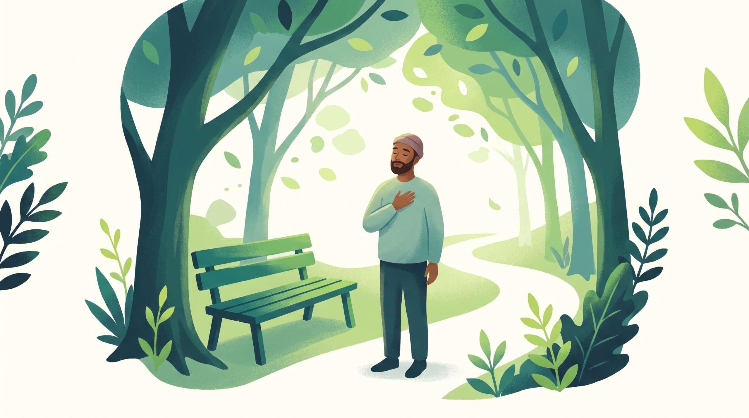 A man pausing on a walking path, steadying his breath, bench nearby — a panic attack peaks and passes