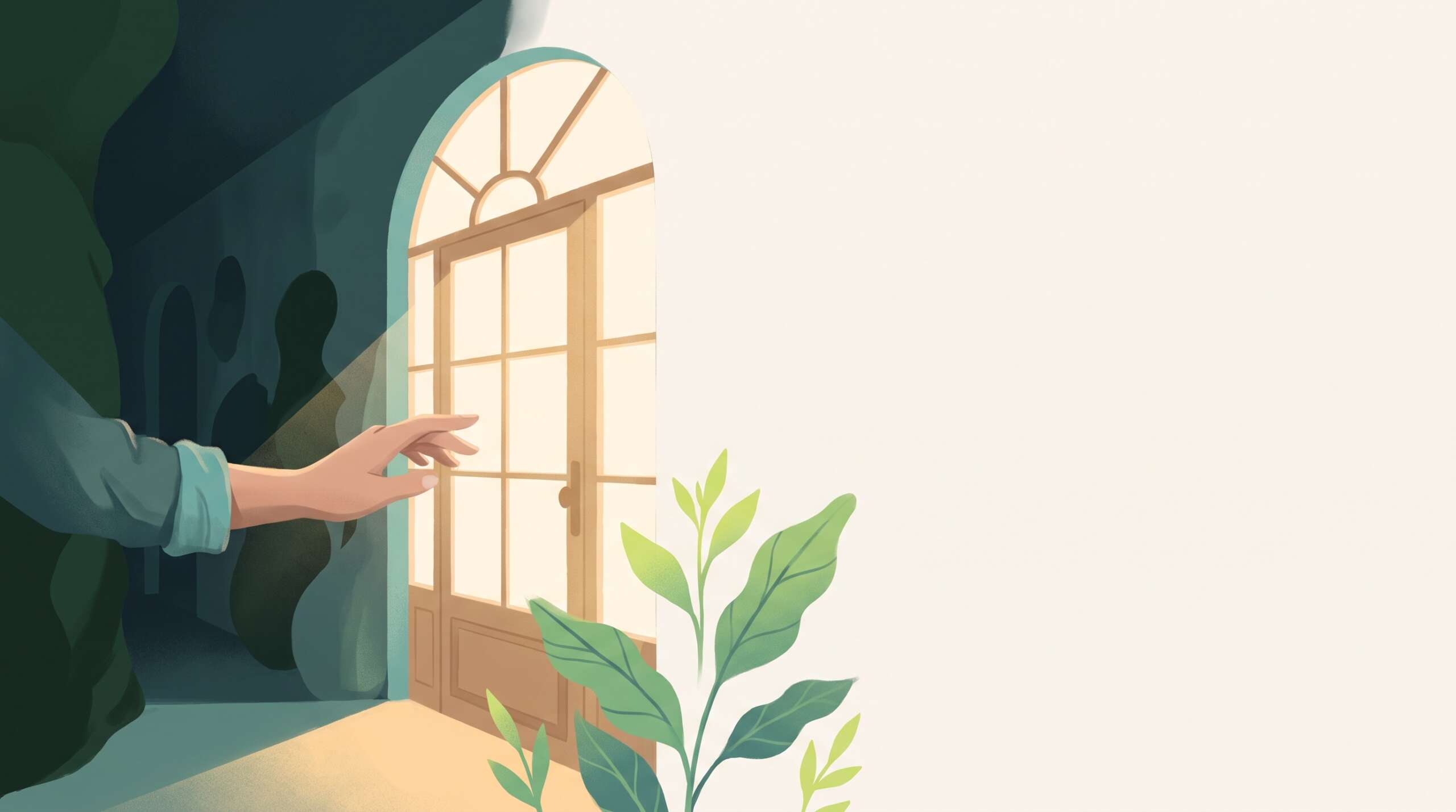 A hand opening a bright front door from a dim hallway — it's never too late to reach out