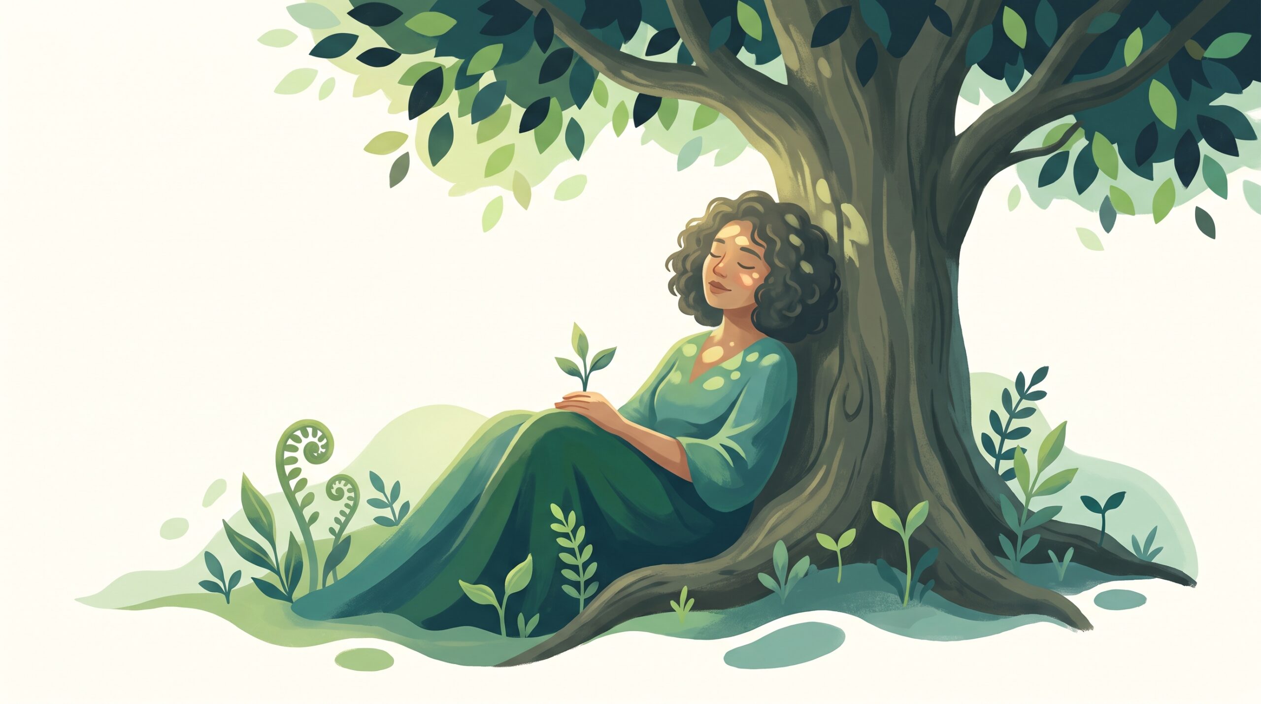 A woman resting under a sheltering tree with light through leaves