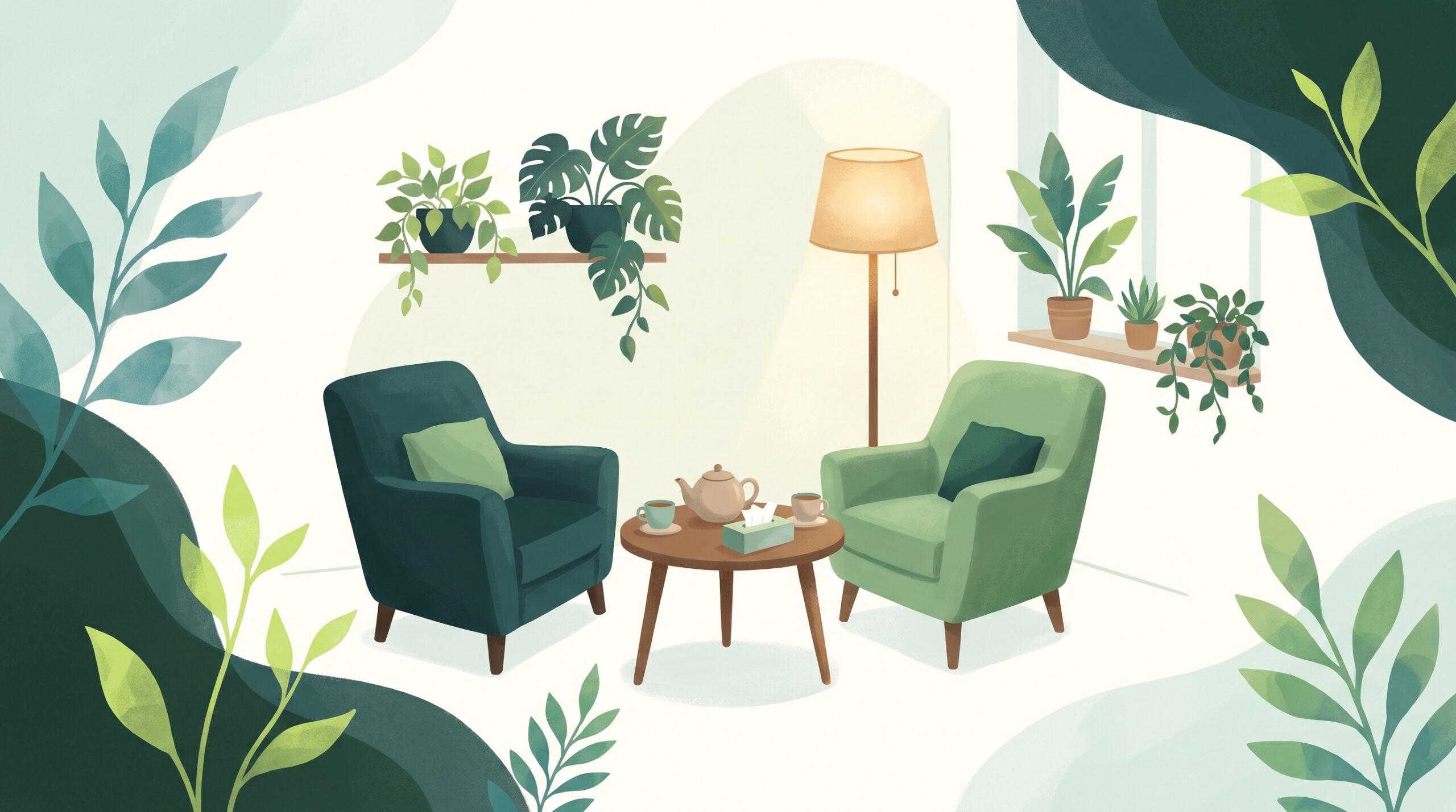 A safe, warm room with two chairs and soft light