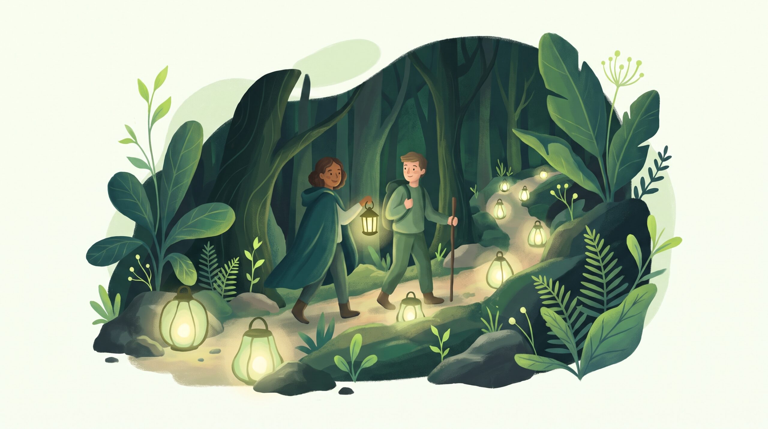 A guided path through a dark forest with lanterns