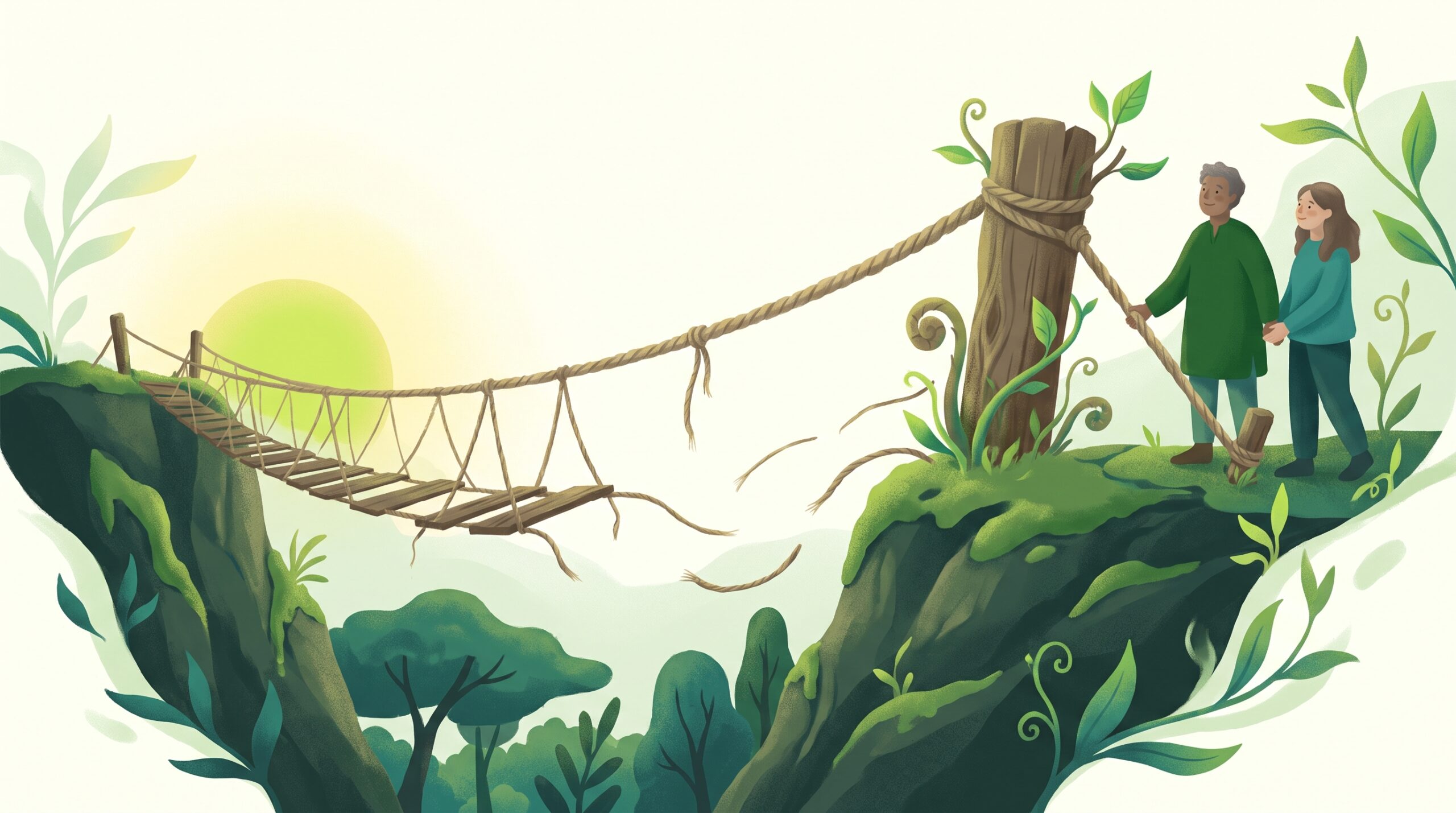 A torn rope bridge with one line still holding