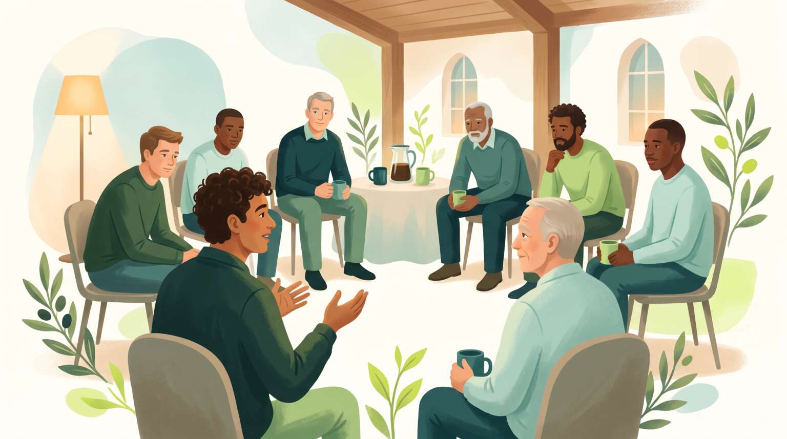 A circle of men in honest conversation in a warm church hall — creating confessional communities