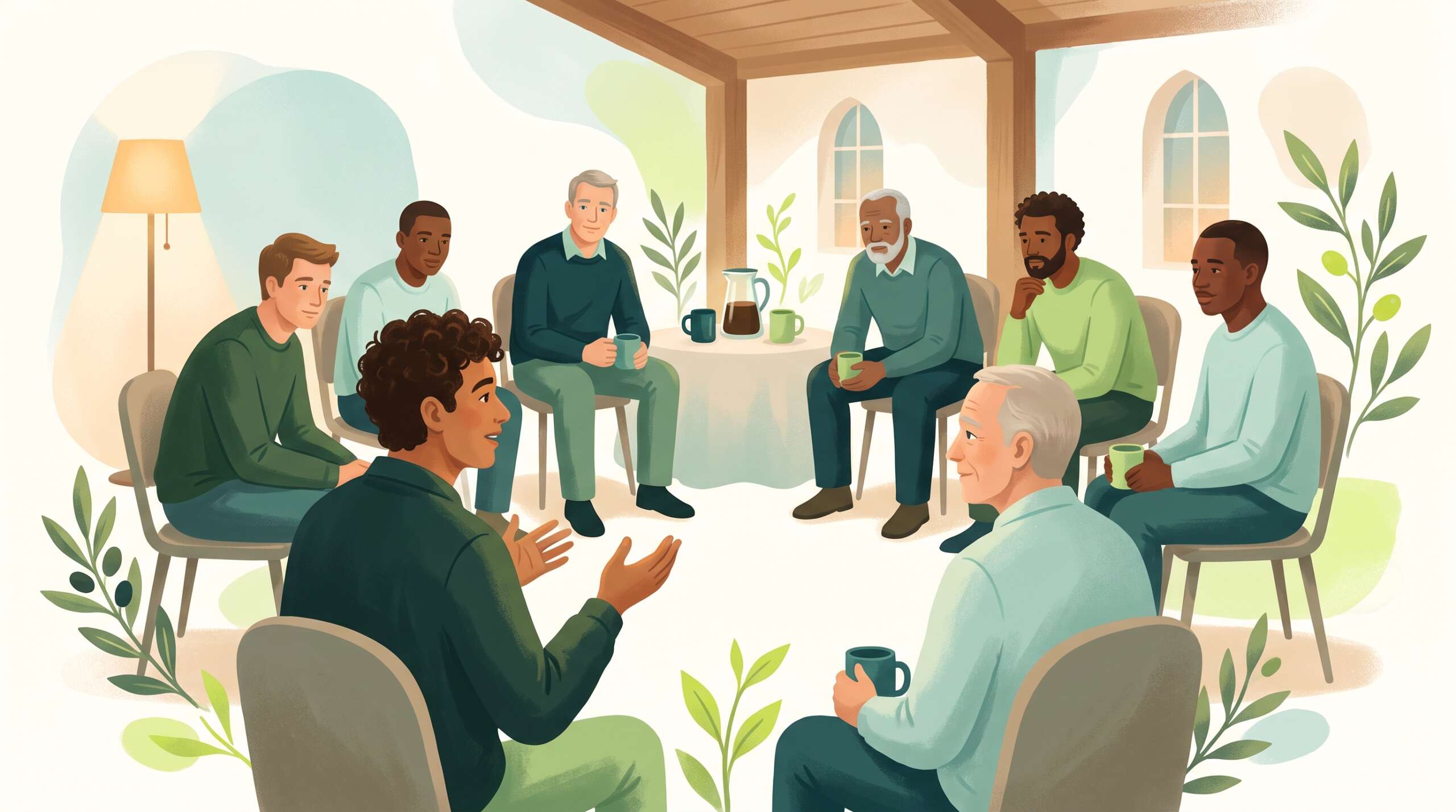 A circle of men in honest conversation in a warm church hall — creating confessional communities