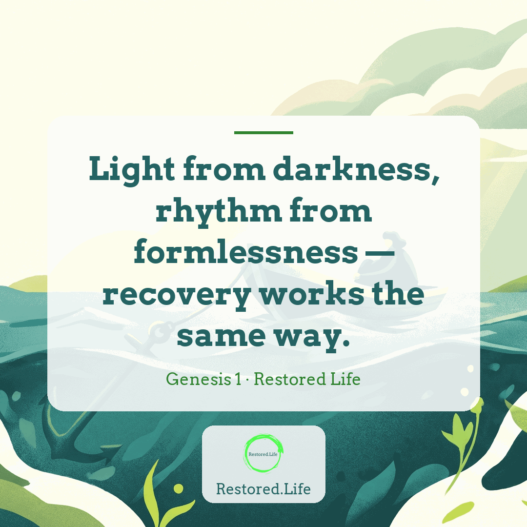 Light from darkness, rhythm from formlessness — recovery works the same way. — Genesis 1 · Restored Life