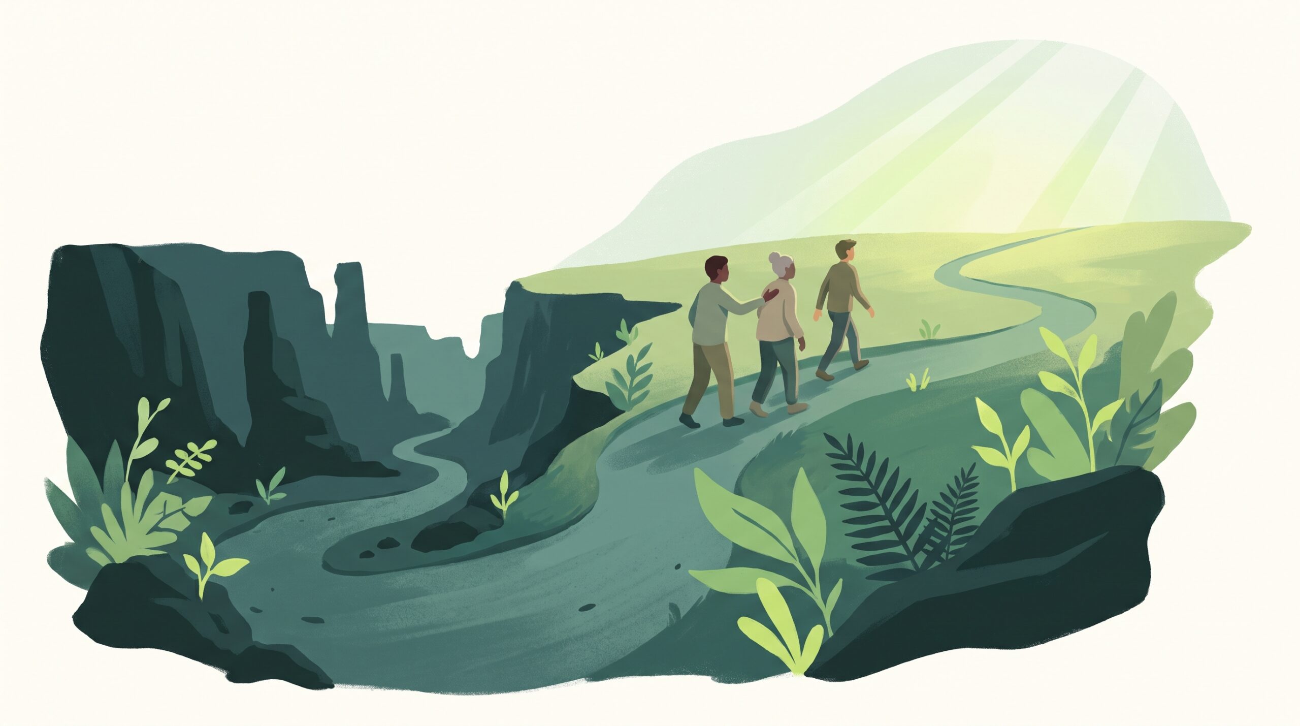 A path out of a canyon into green light