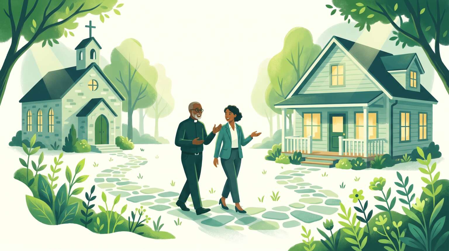 A pastor and a counselor walking together on a path between a small church and a counseling office — church partnership