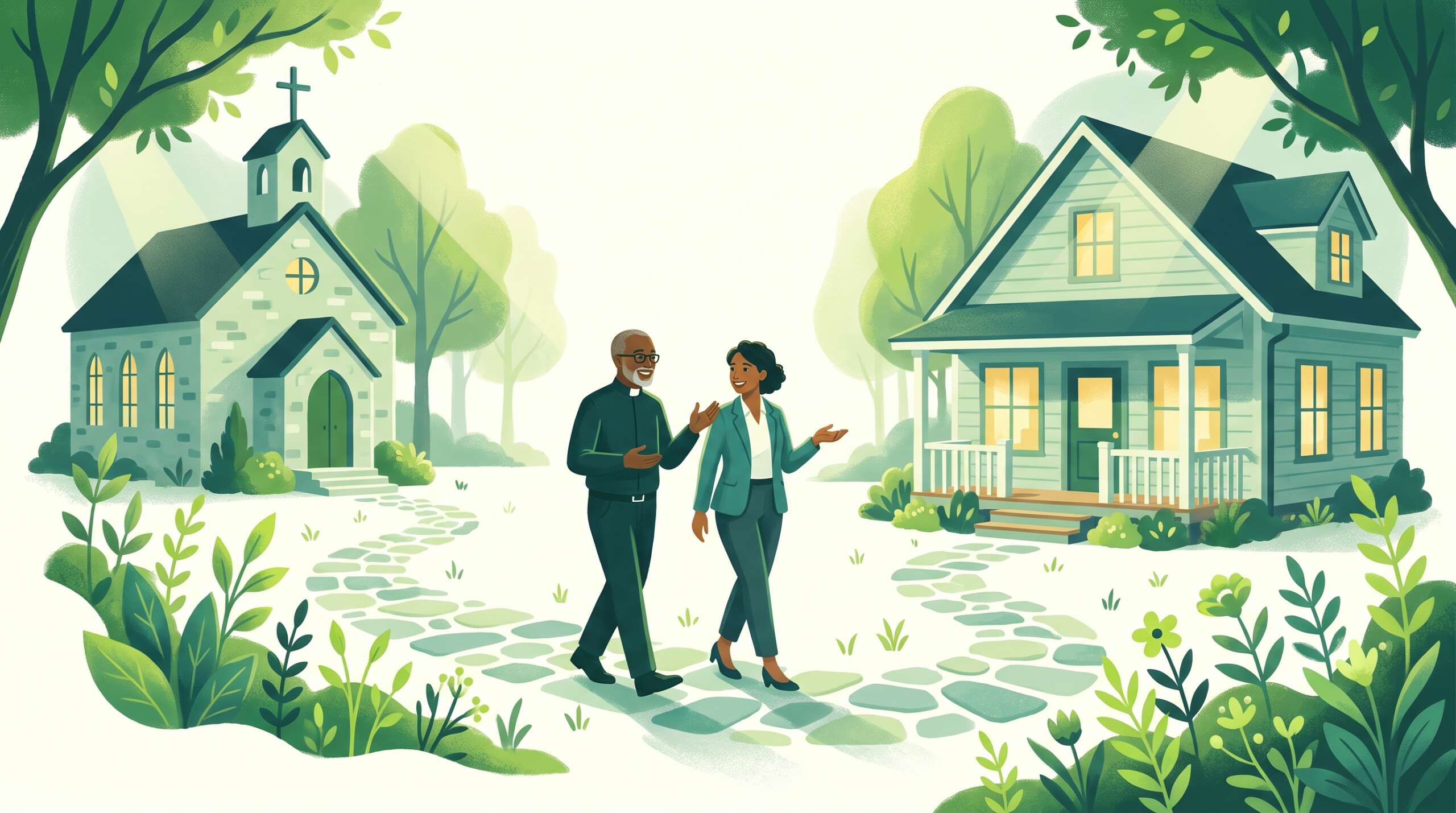 A pastor and a counselor walking together on a path between a small church and a counseling office — church partnership
