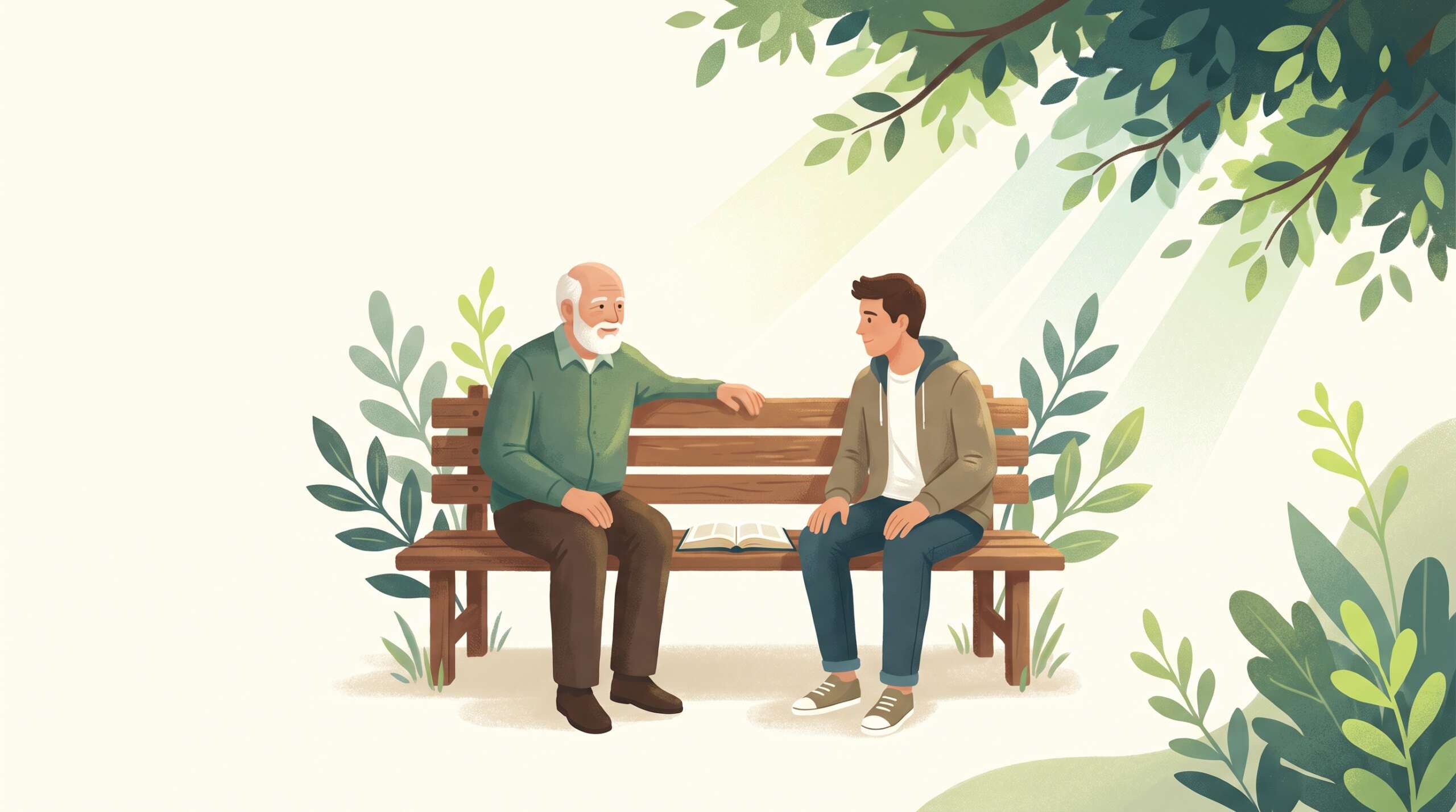 A pastor counseling a young man on a church bench with an open Bible — what biblical counseling is