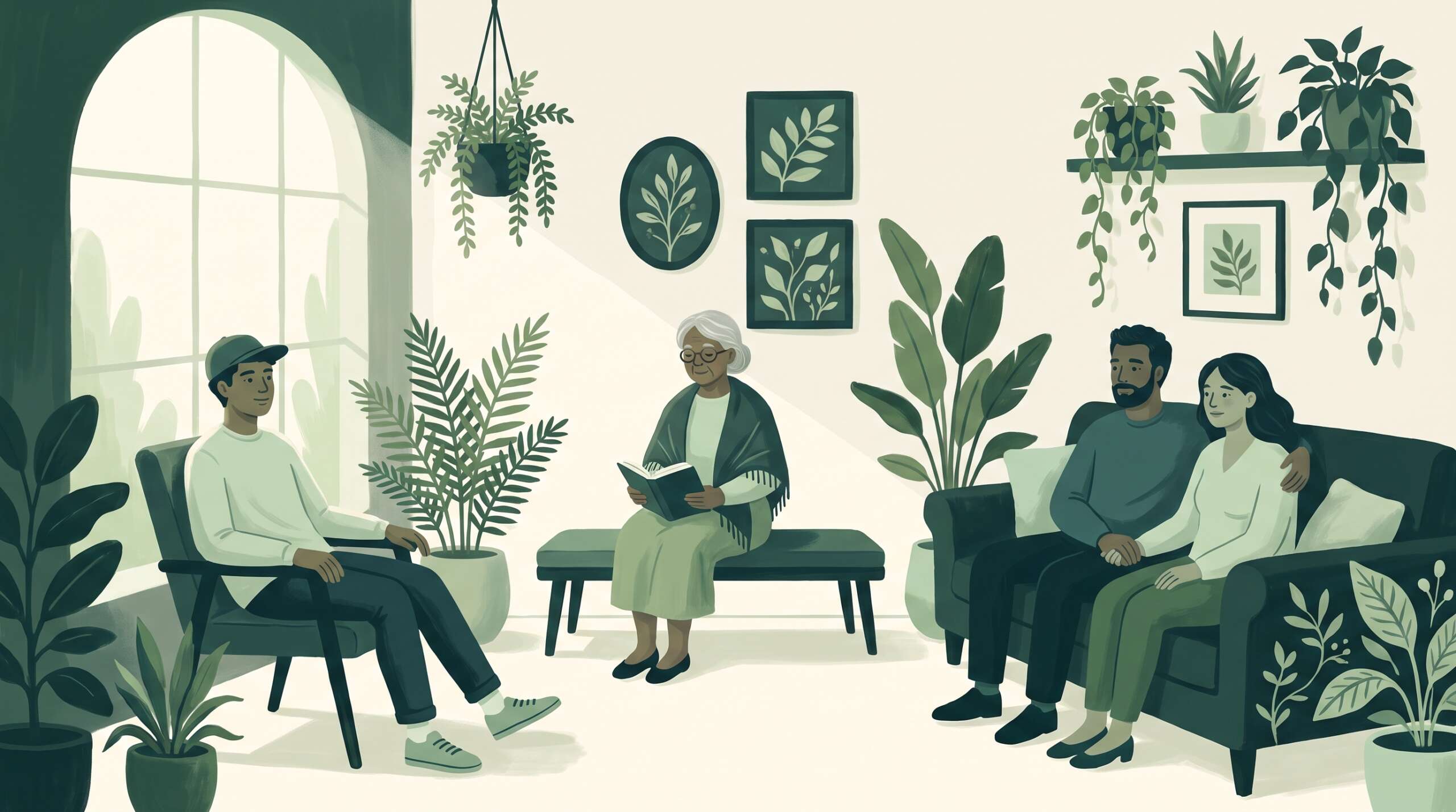 A diverse group of people waiting comfortably in a warm reception area — who biblical counselors see