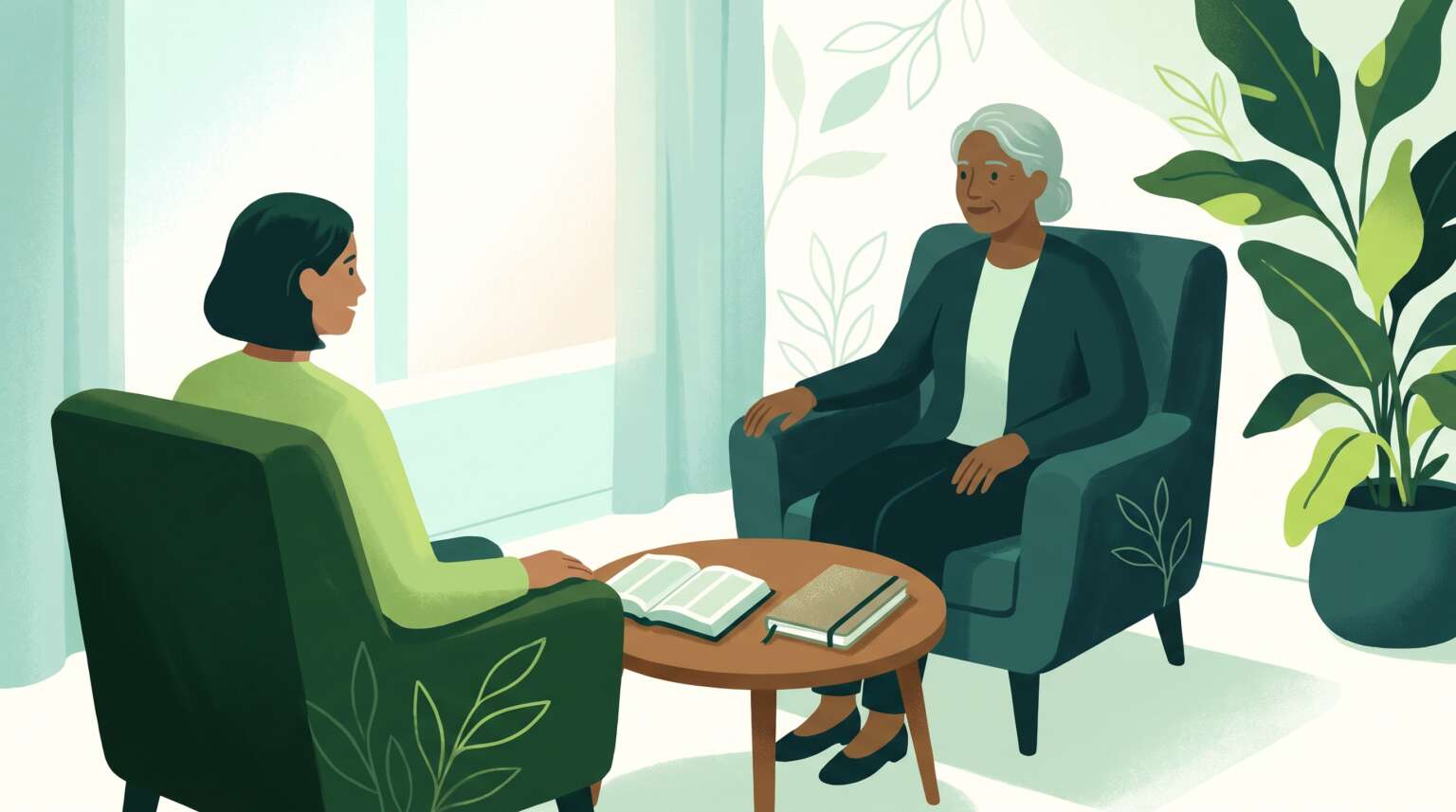 A counselor and client in a warm counseling office with an open Bible and notebook between them — clinically informed biblical counseling