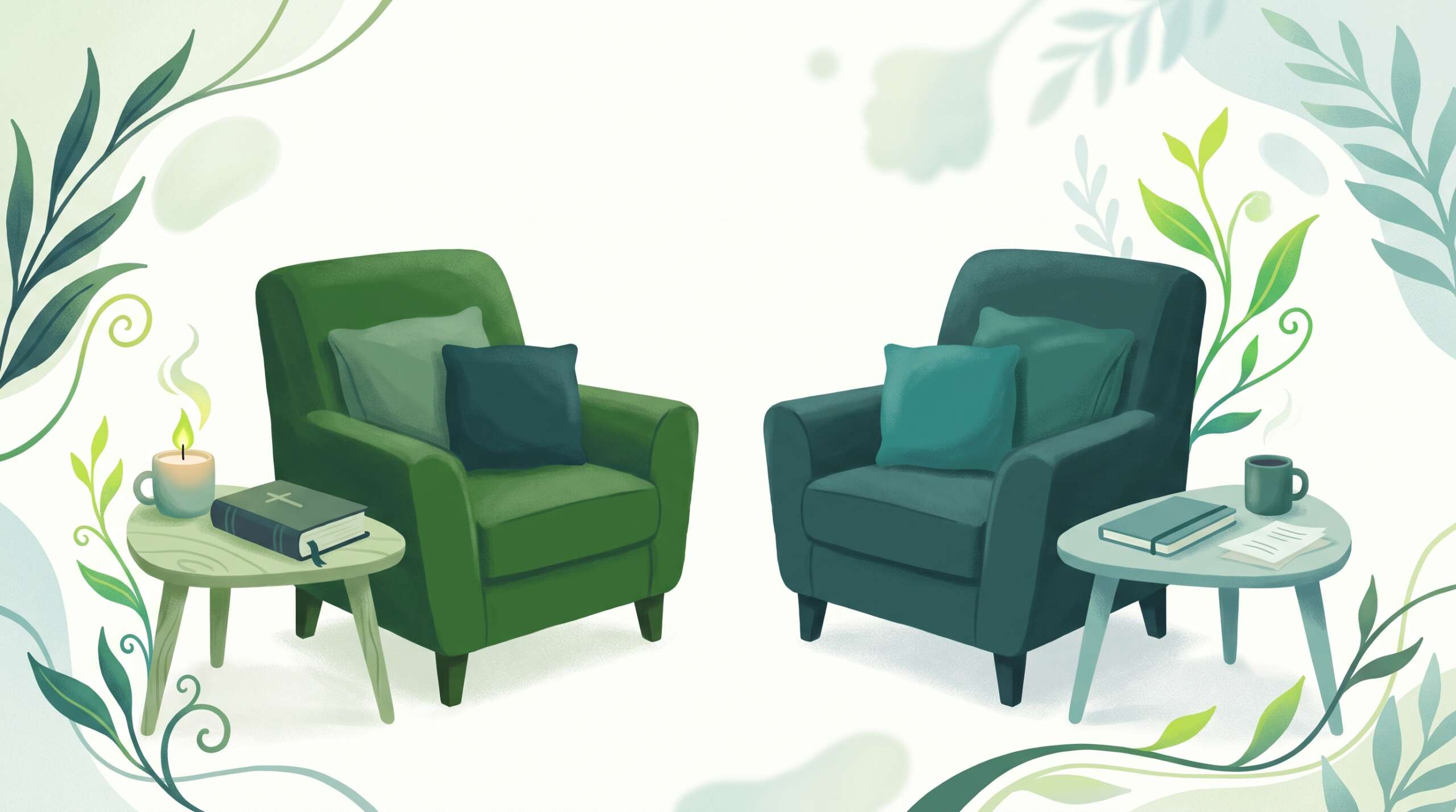 Two counseling chairs, one beside a Bible on a side table — how a biblical counselor differs from a secular one