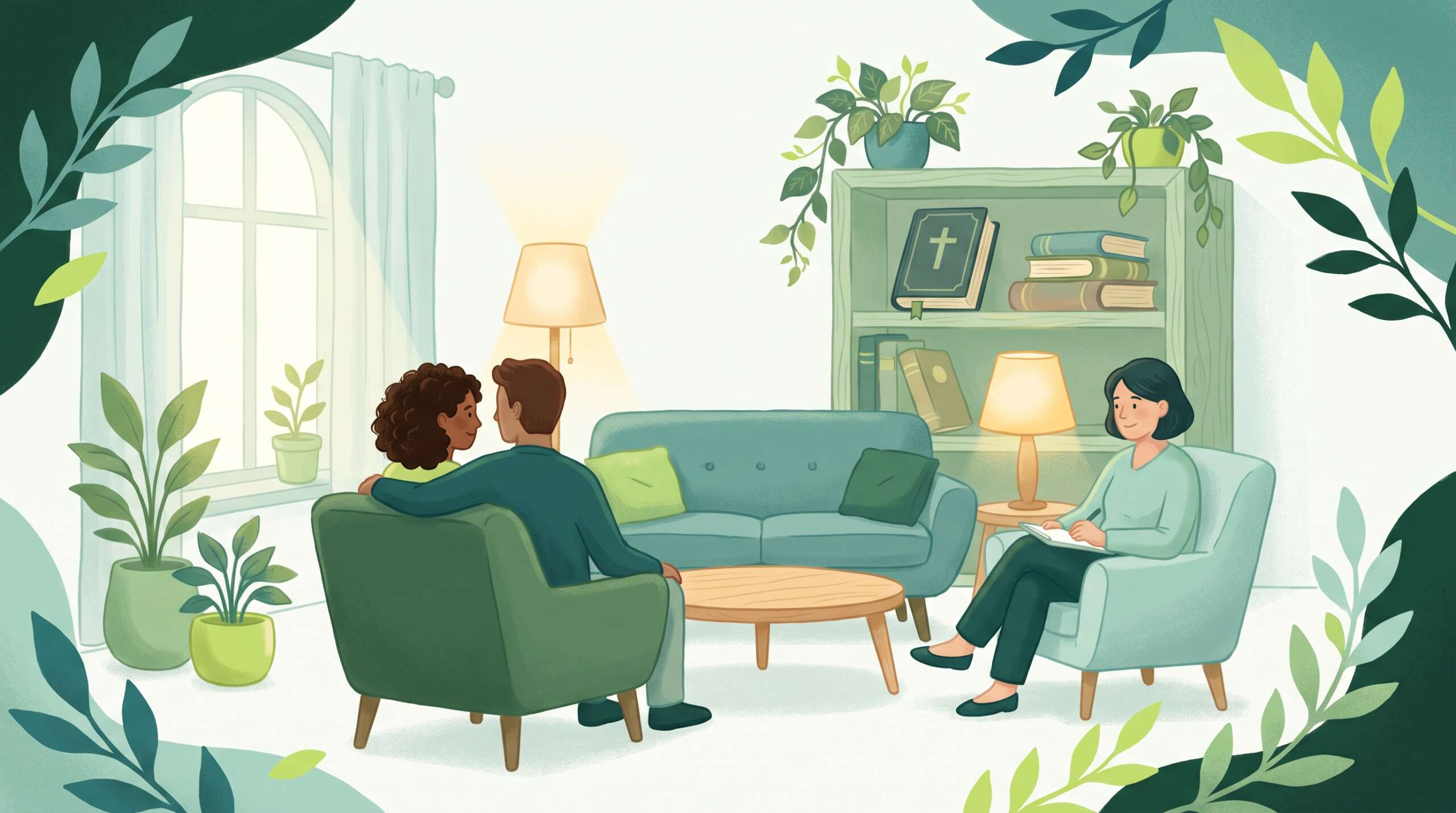 A counseling room arranged for a couple with a Bible on the shelf — the kinds of counseling offered