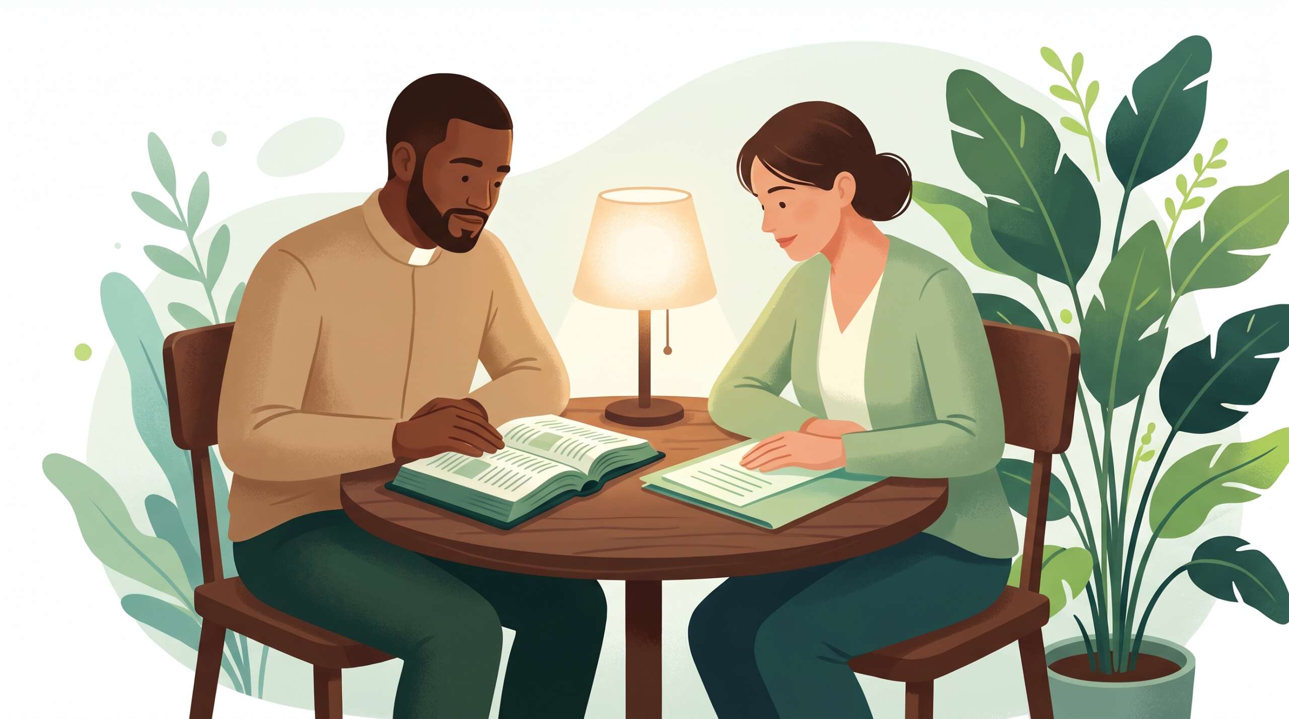 A pastor and a counselor seated at a round table with a Bible and a care plan between them — collaborative pastoral care