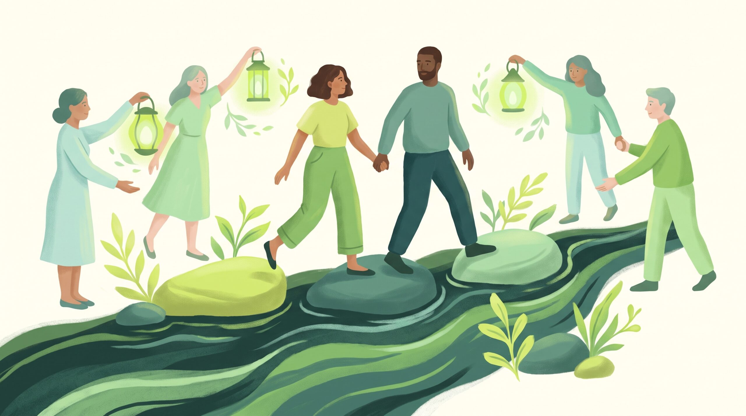 Three counselors supporting a couple across stepping stones