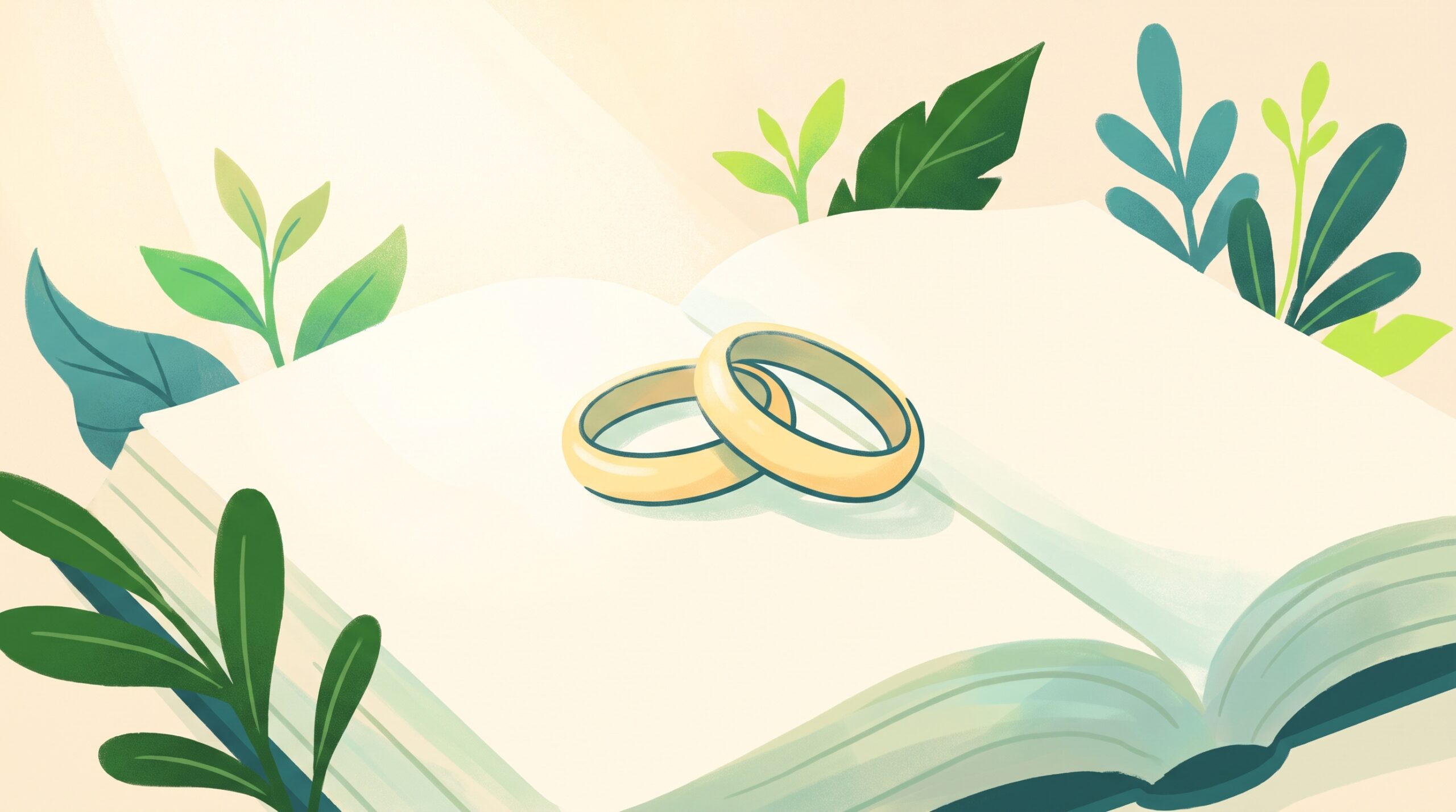 Two rings resting on an open Bible with soft light