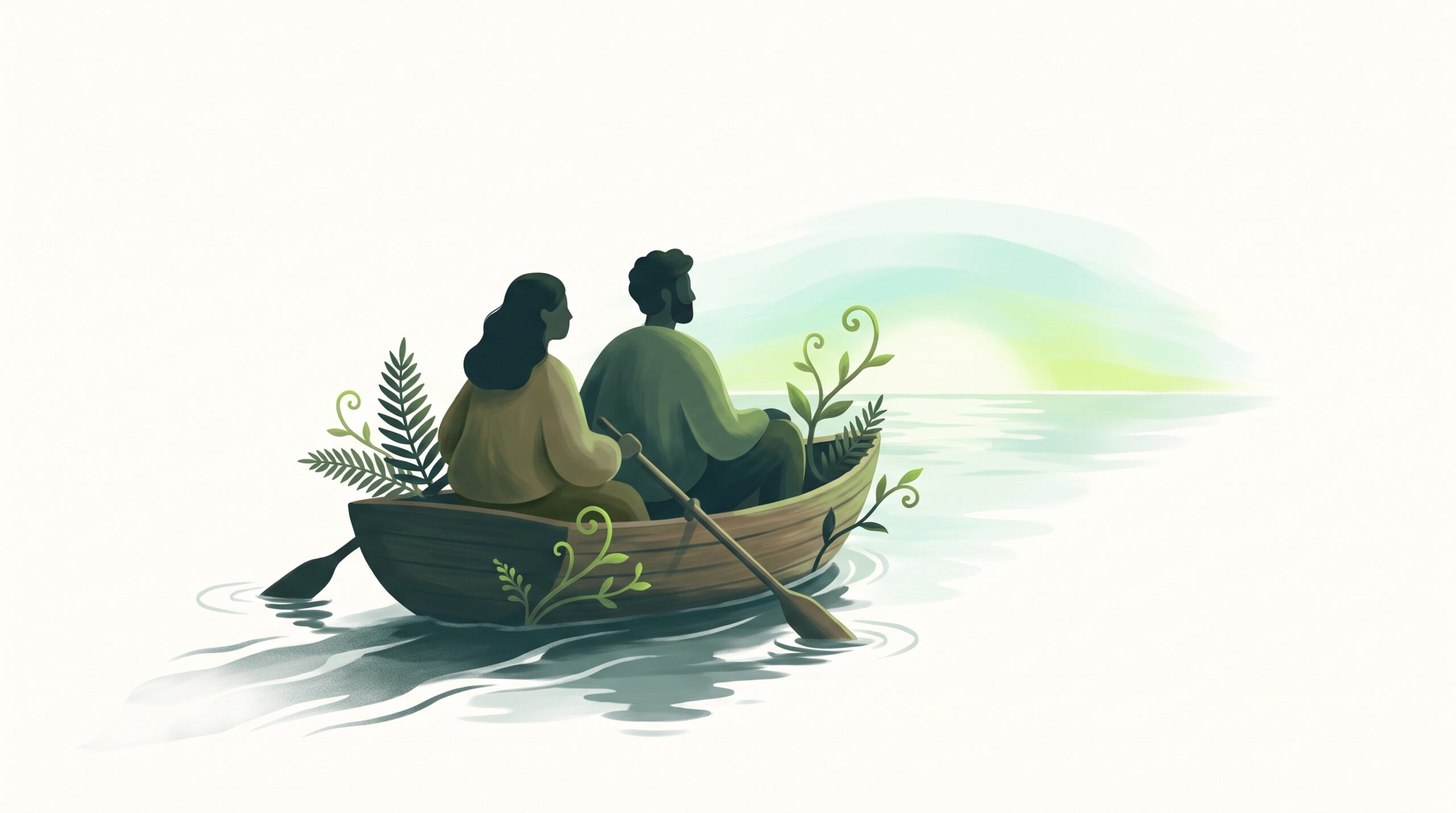 Two people rowing one boat in rhythm toward the sunrise