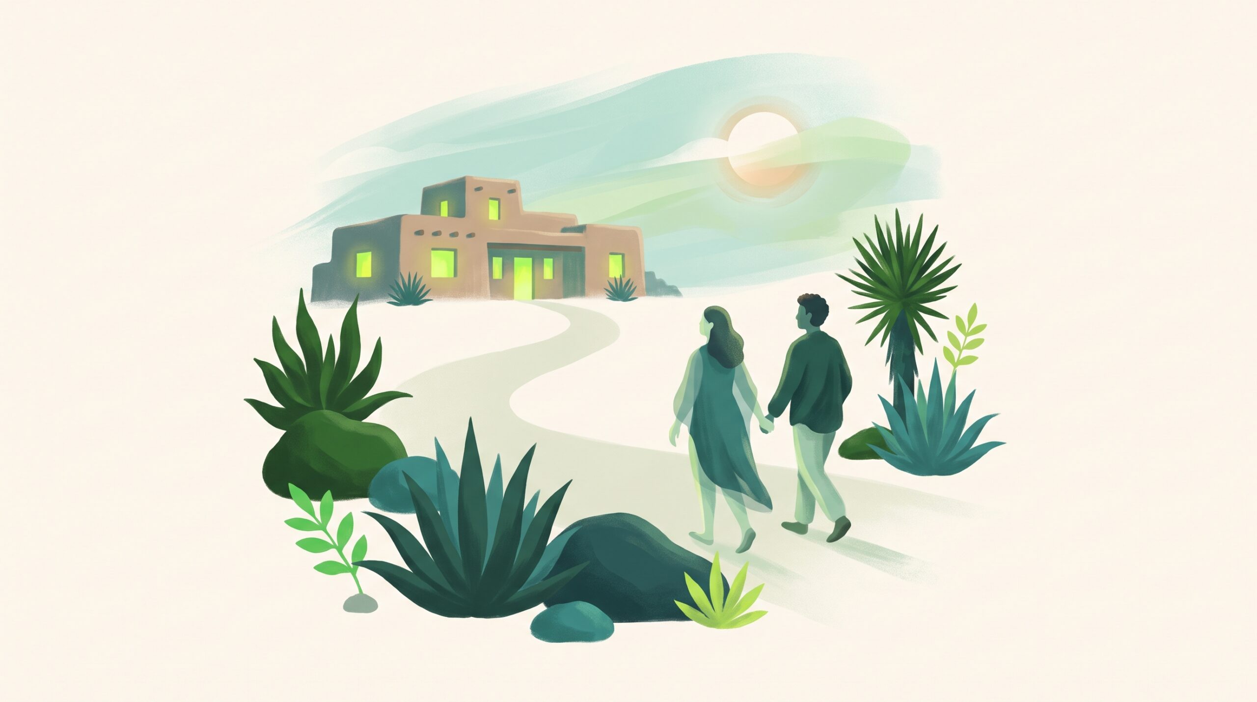 A couple walking toward a warm office in the desert evening
